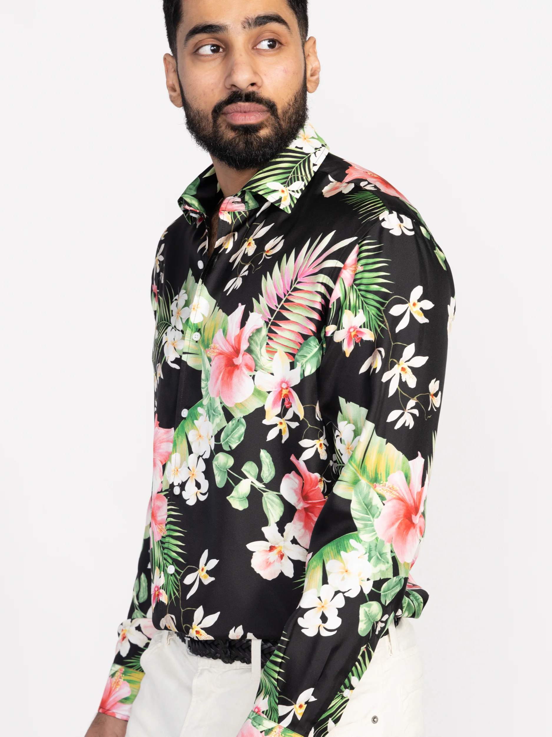 Black Botanical Print Silk Twill Shirt - Image 3