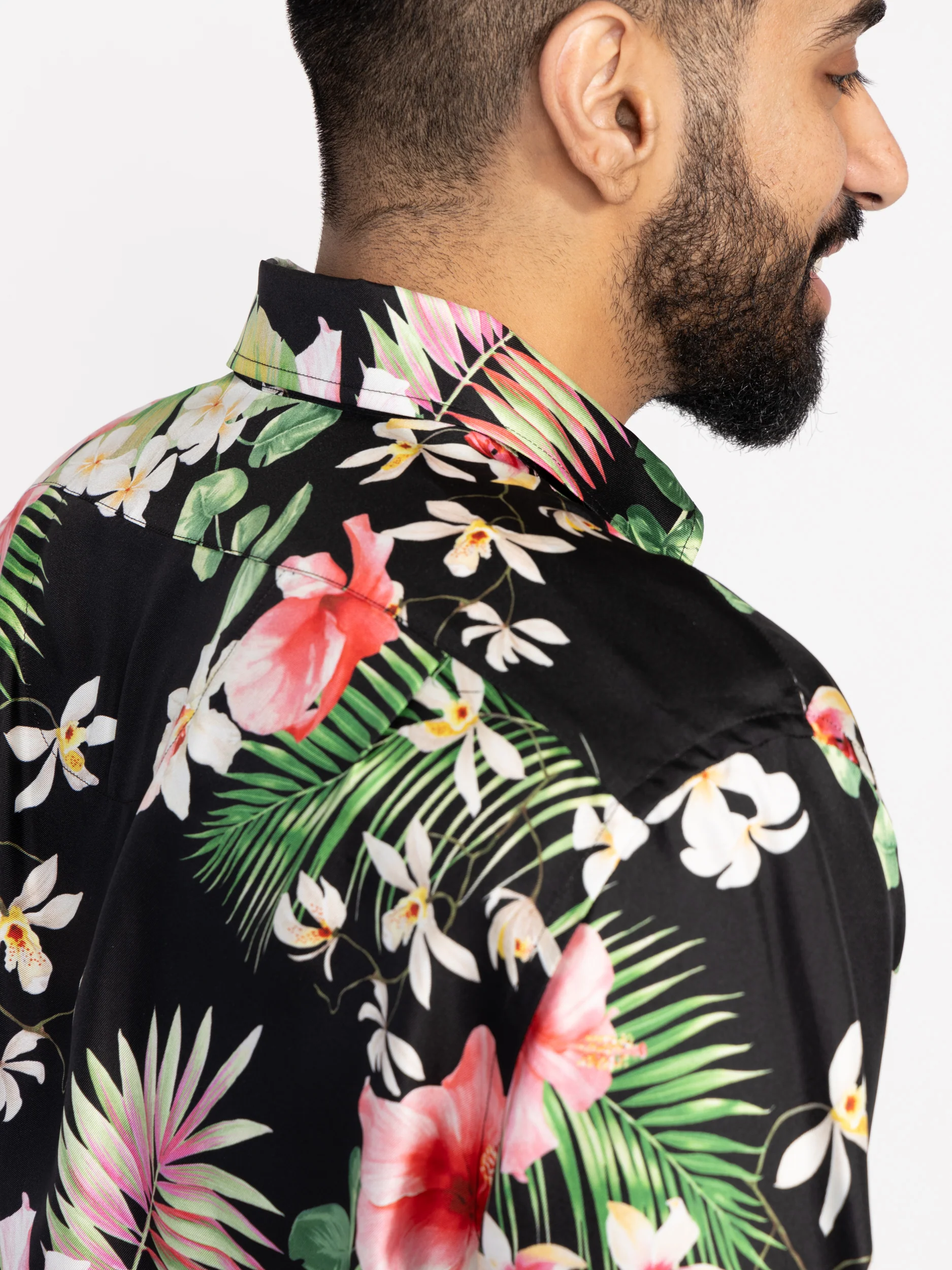Black Botanical Print Silk Twill Shirt - Image 5