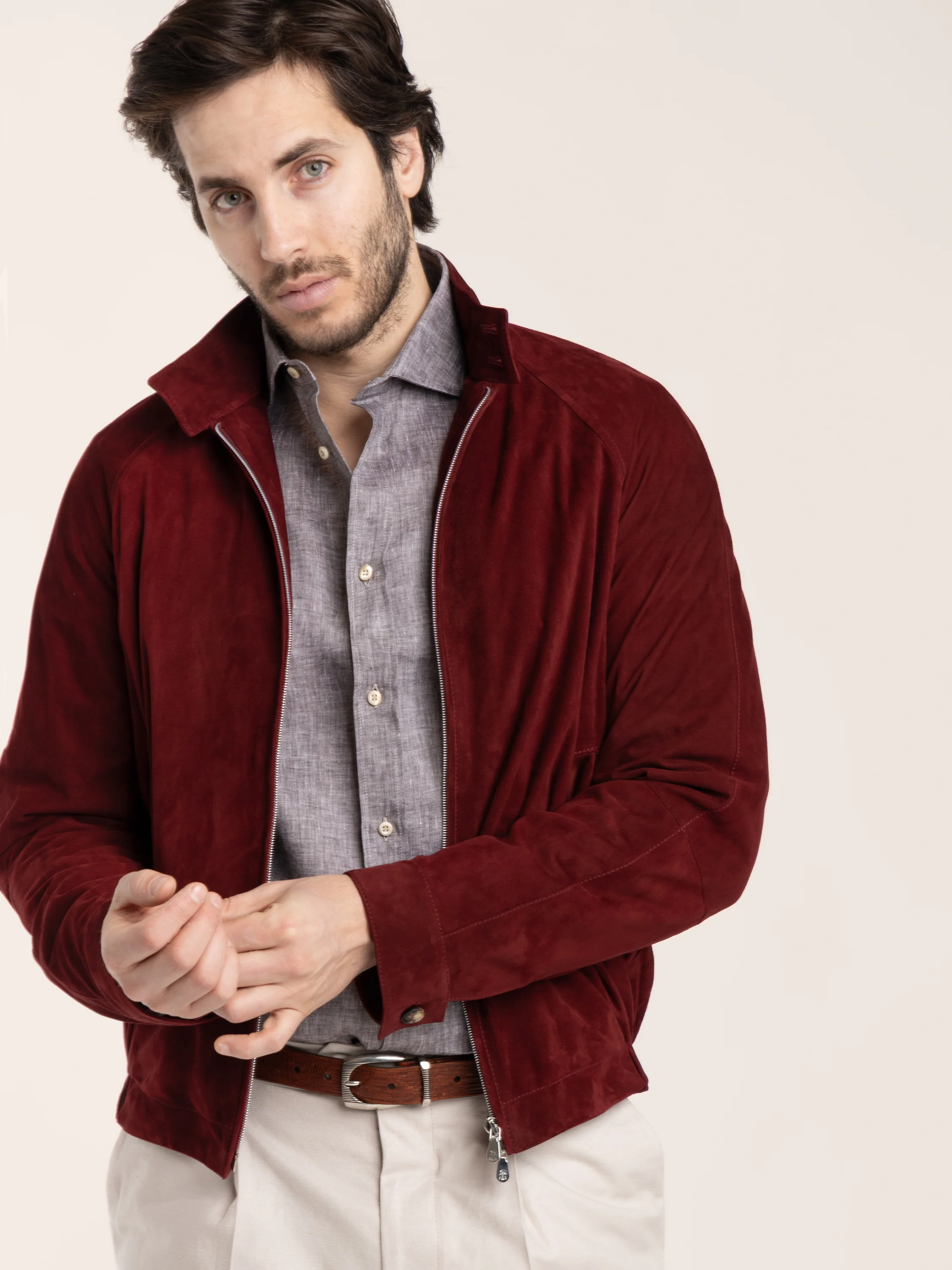 Suede unlined jacket with stand collar in Cherry Red