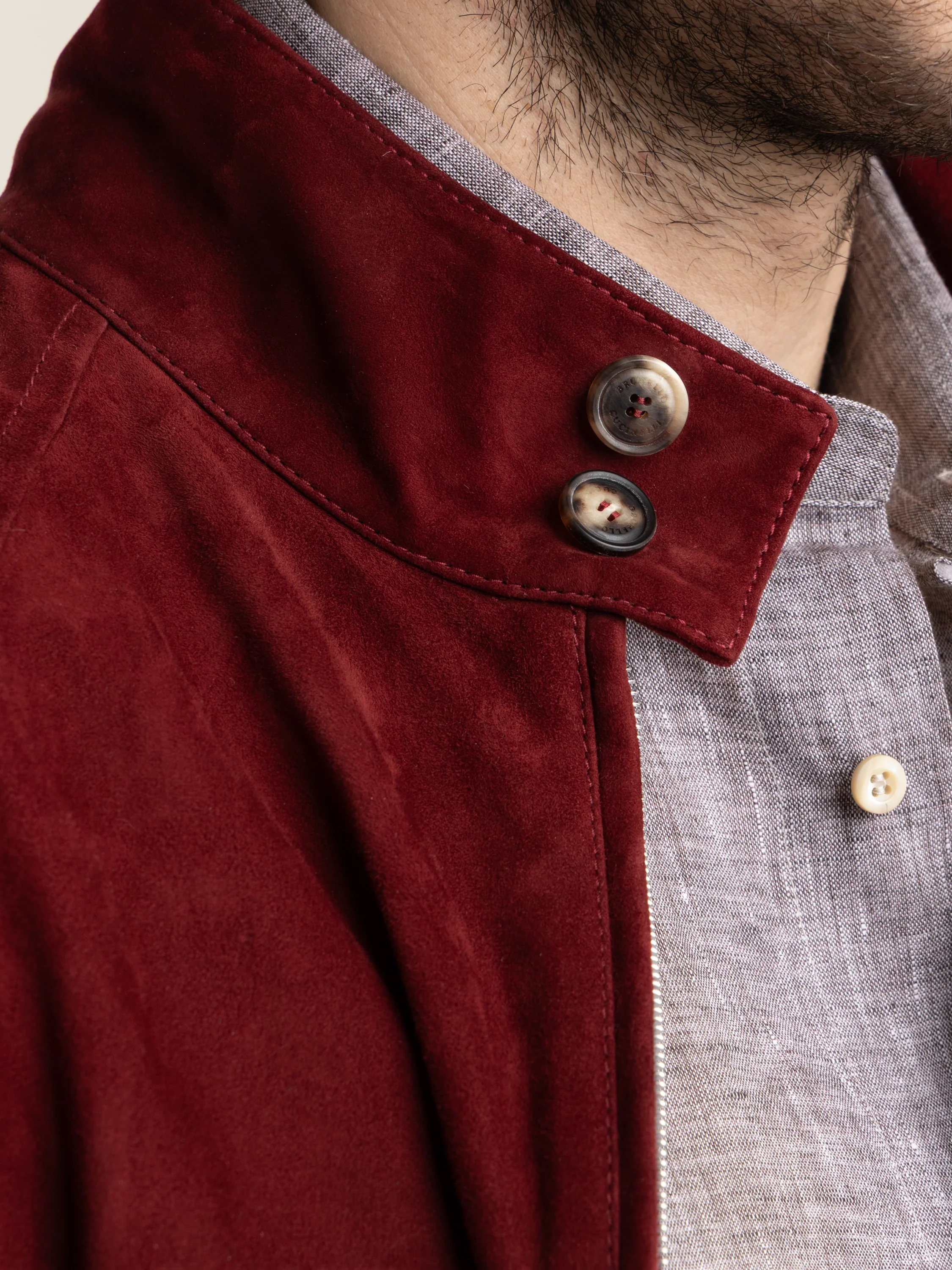 Suede unlined jacket with stand collar in Cherry Red - Image 10