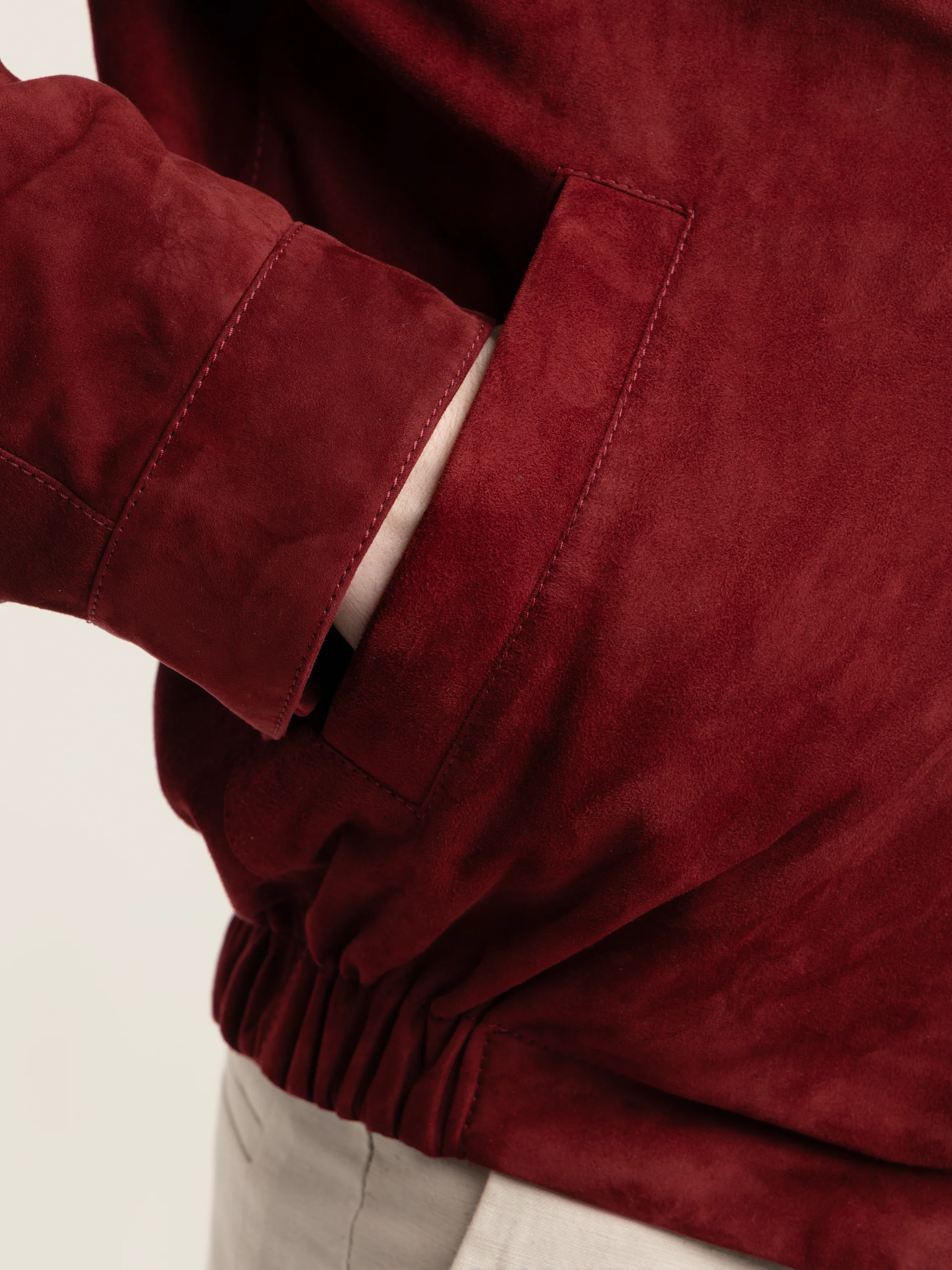 Suede unlined jacket with stand collar in Cherry Red - Image 13