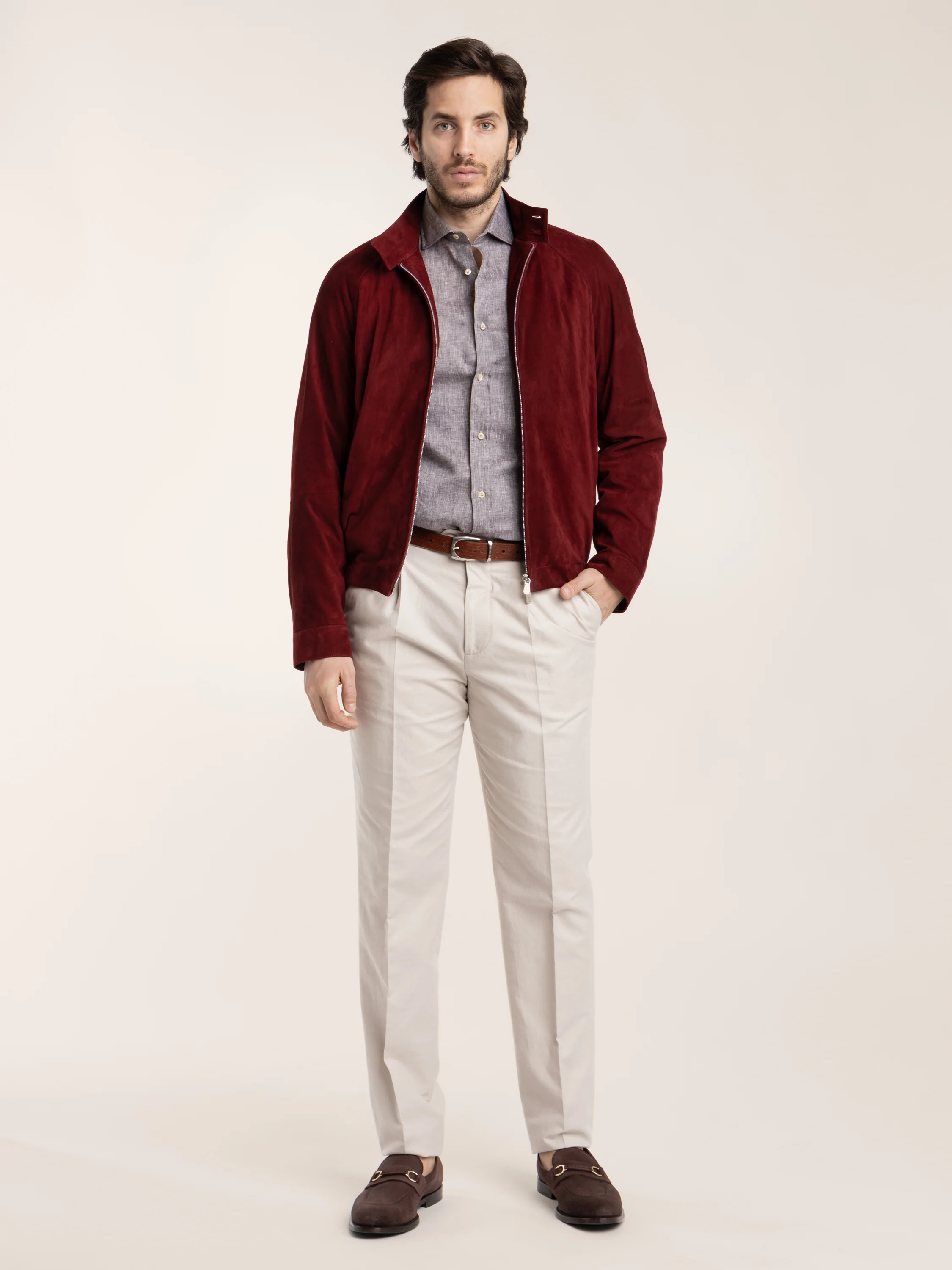 Suede unlined jacket with stand collar in Cherry Red - Image 2