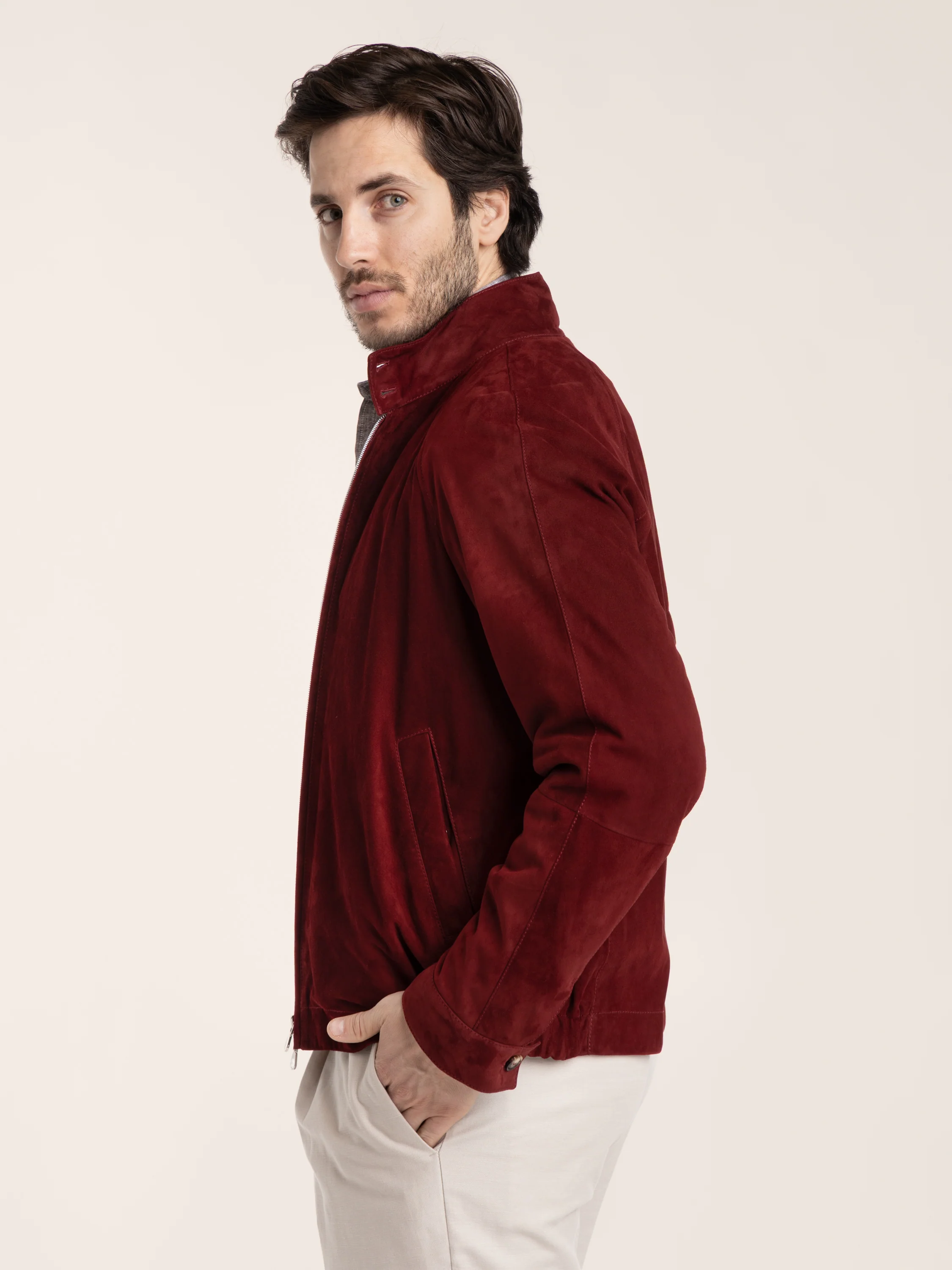 Suede unlined jacket with stand collar in Cherry Red - Image 3
