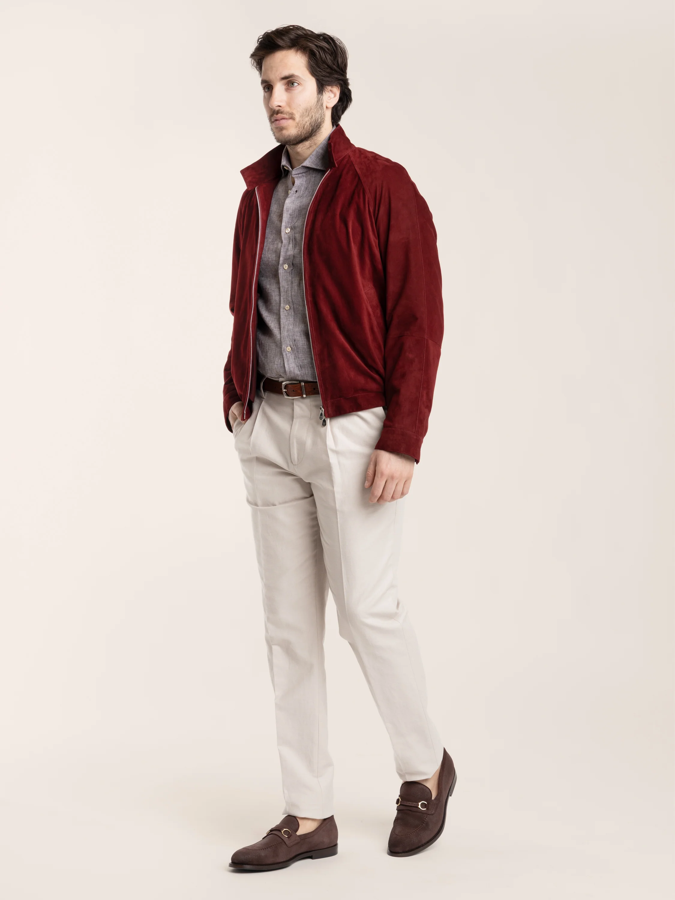 Suede unlined jacket with stand collar in Cherry Red - Image 7