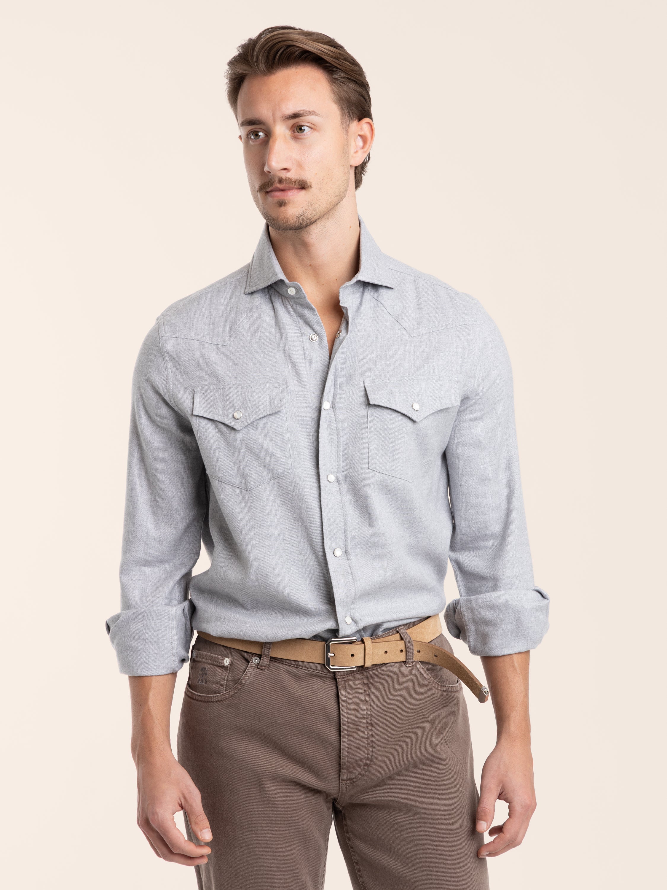 Grey Cotton Chevron Flannel Western Shirt