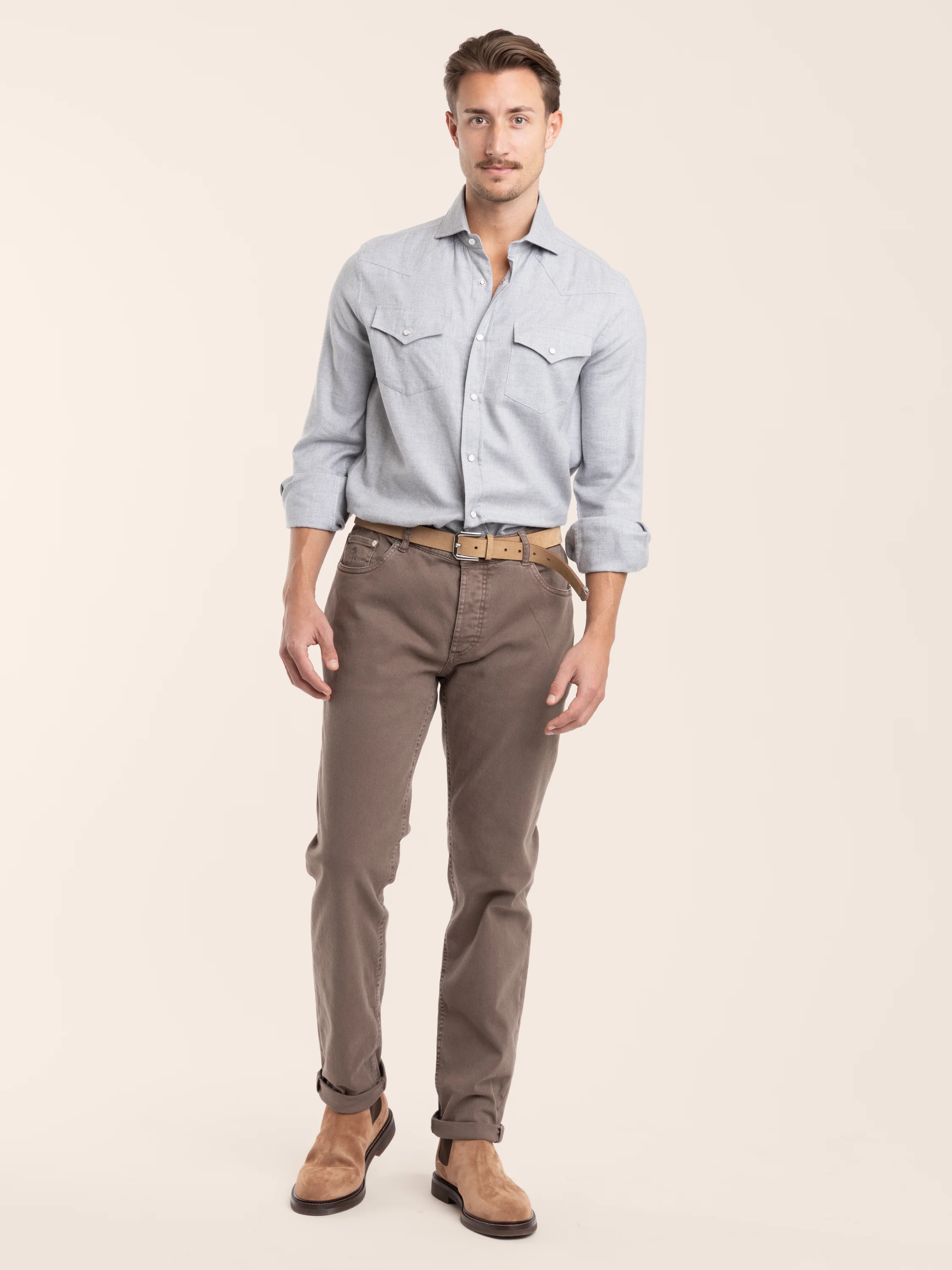 Grey Cotton Chevron Flannel Western Shirt - Image 2