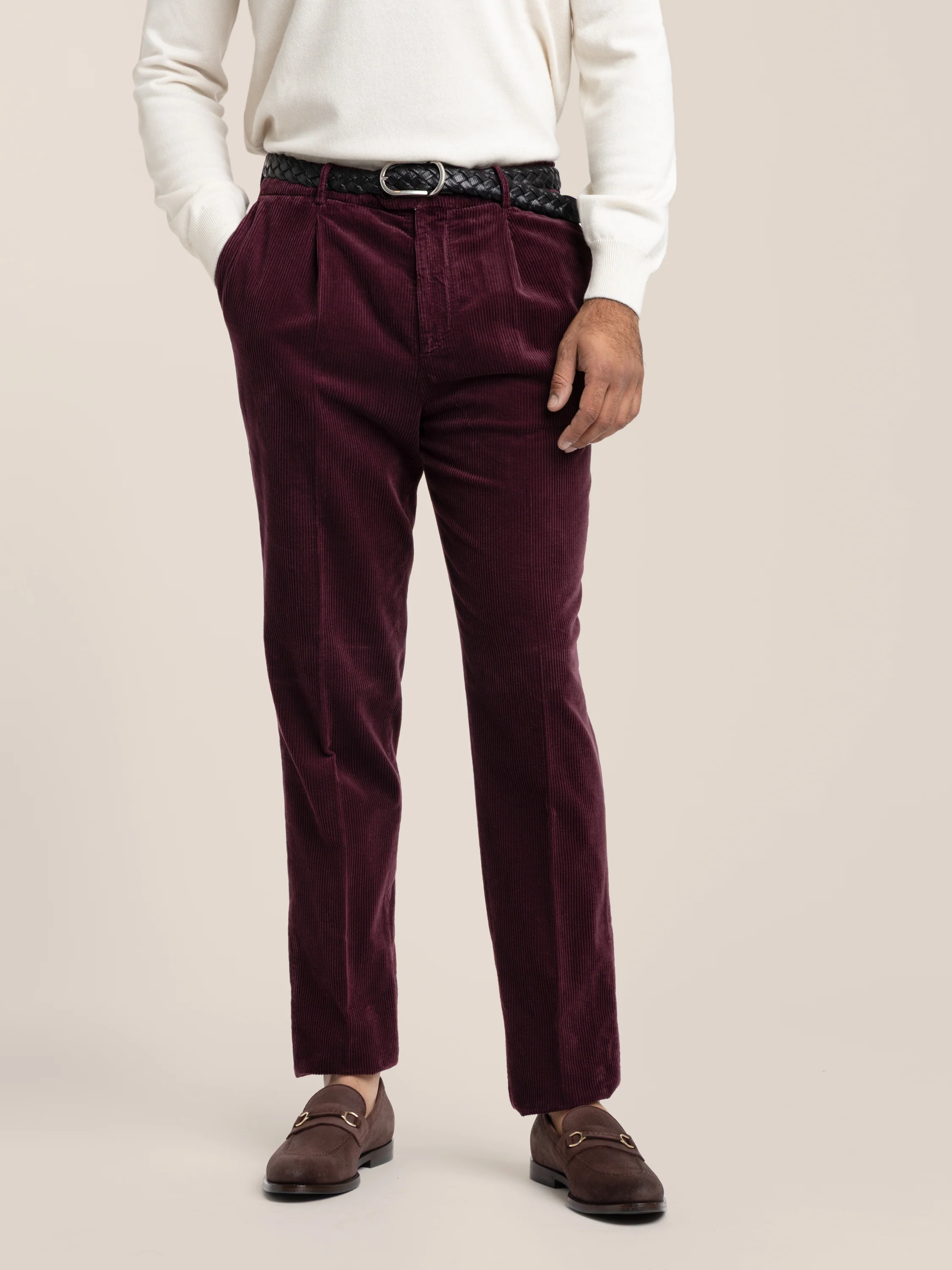 Burgundy Cotton Corduroy Leisure Fit Trouser With Pleat