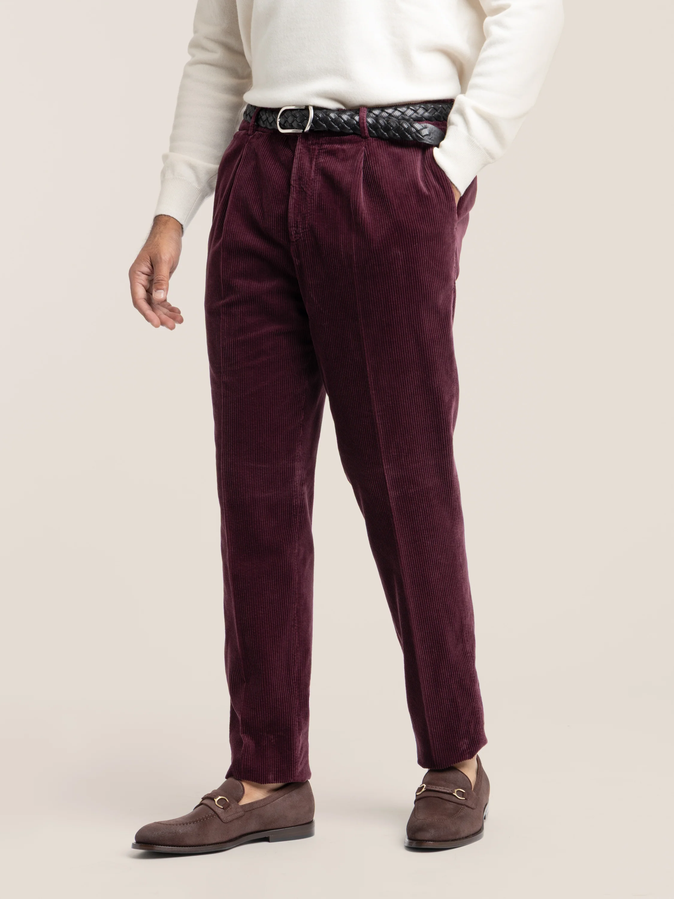 Burgundy Cotton Corduroy Leisure Fit Trouser With Pleat - Image 3