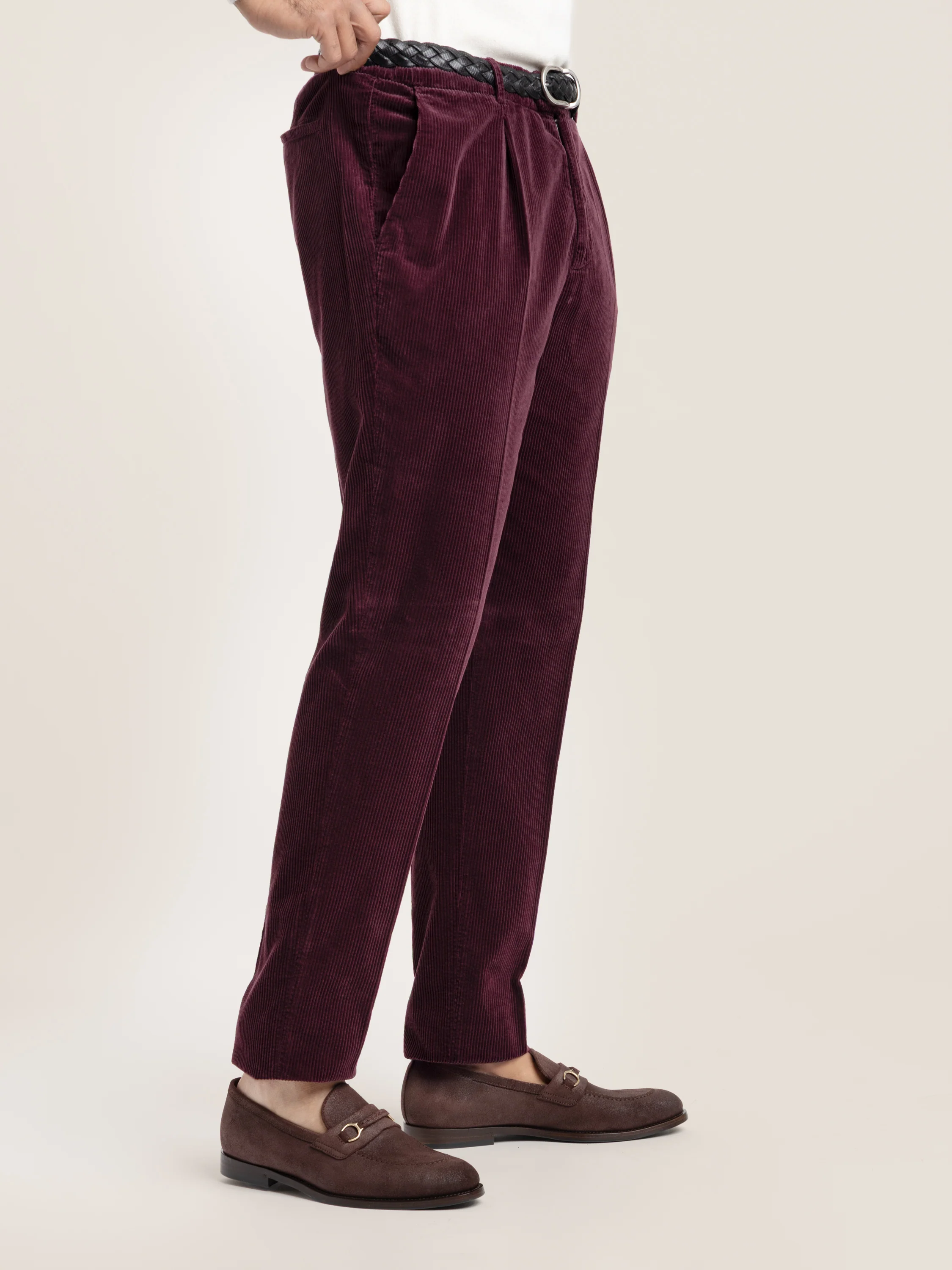 Burgundy Cotton Corduroy Leisure Fit Trouser With Pleat - Image 4