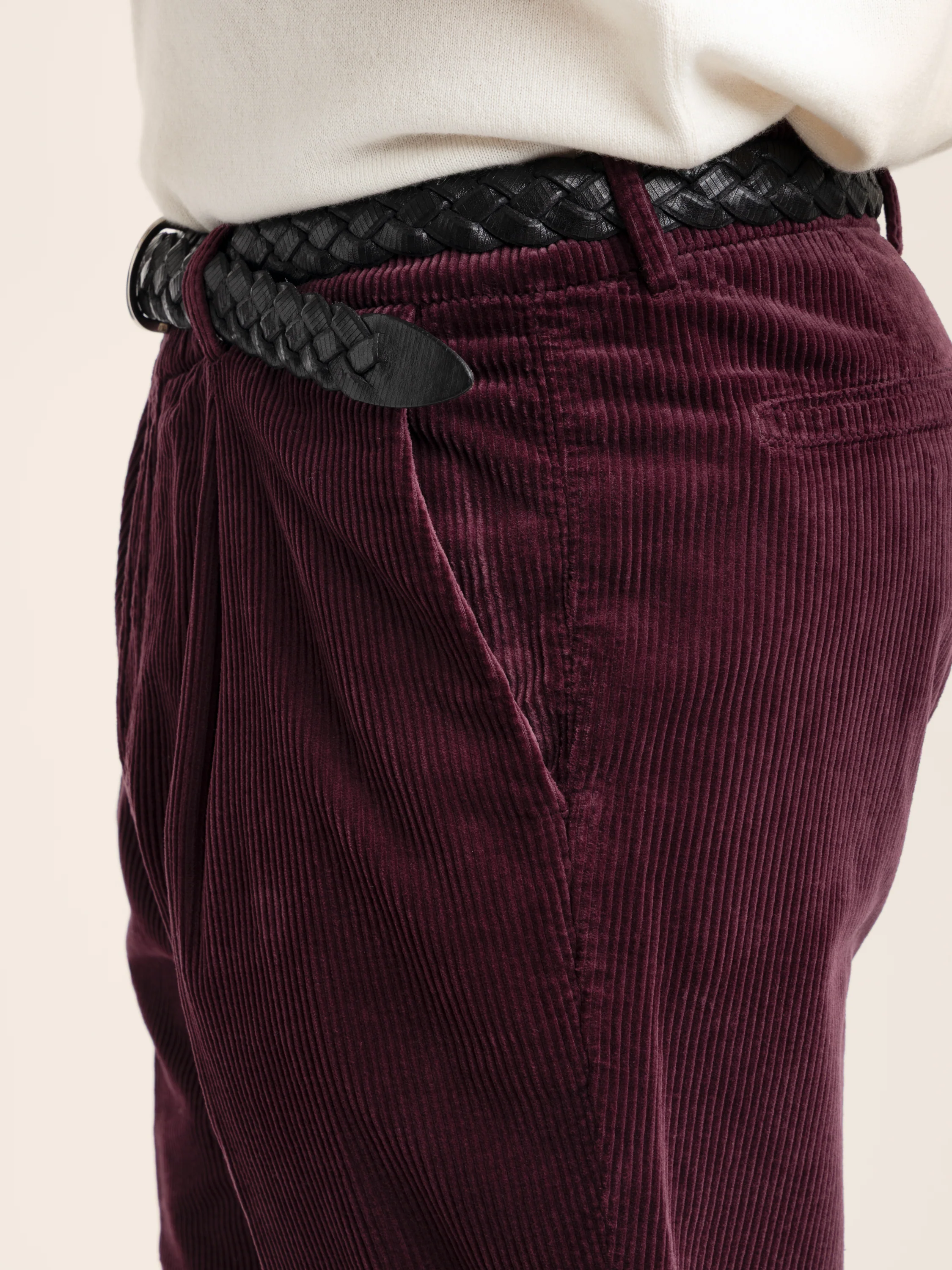 Burgundy Cotton Corduroy Leisure Fit Trouser With Pleat - Image 6