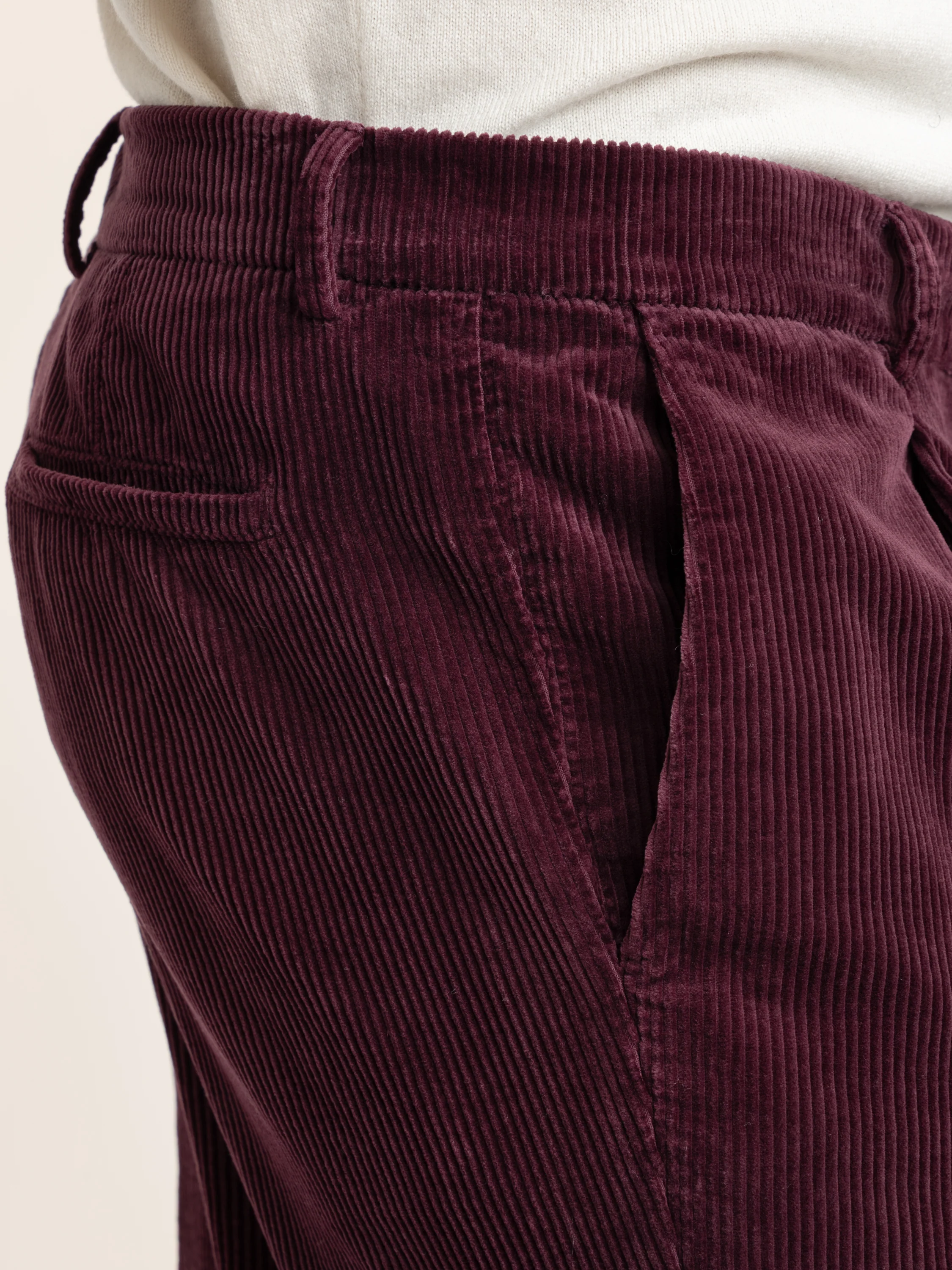 Burgundy Cotton Corduroy Leisure Fit Trouser With Pleat - Image 9