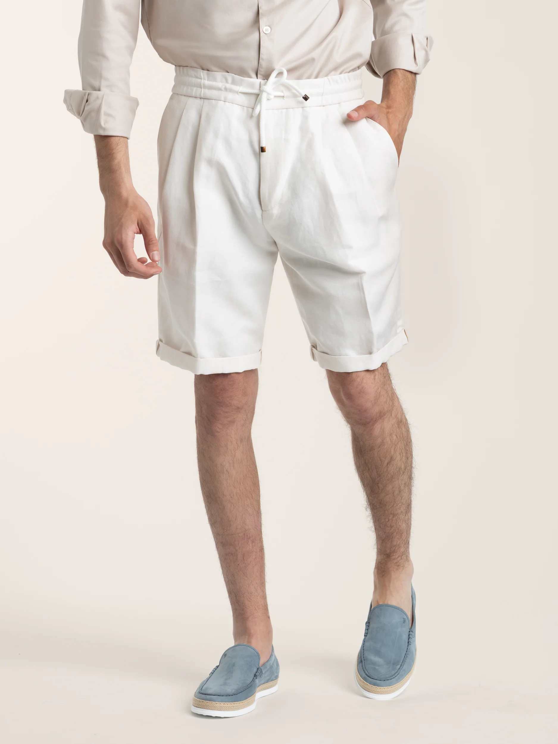 White Cotton-Linen Straight-leg Drawstring Short