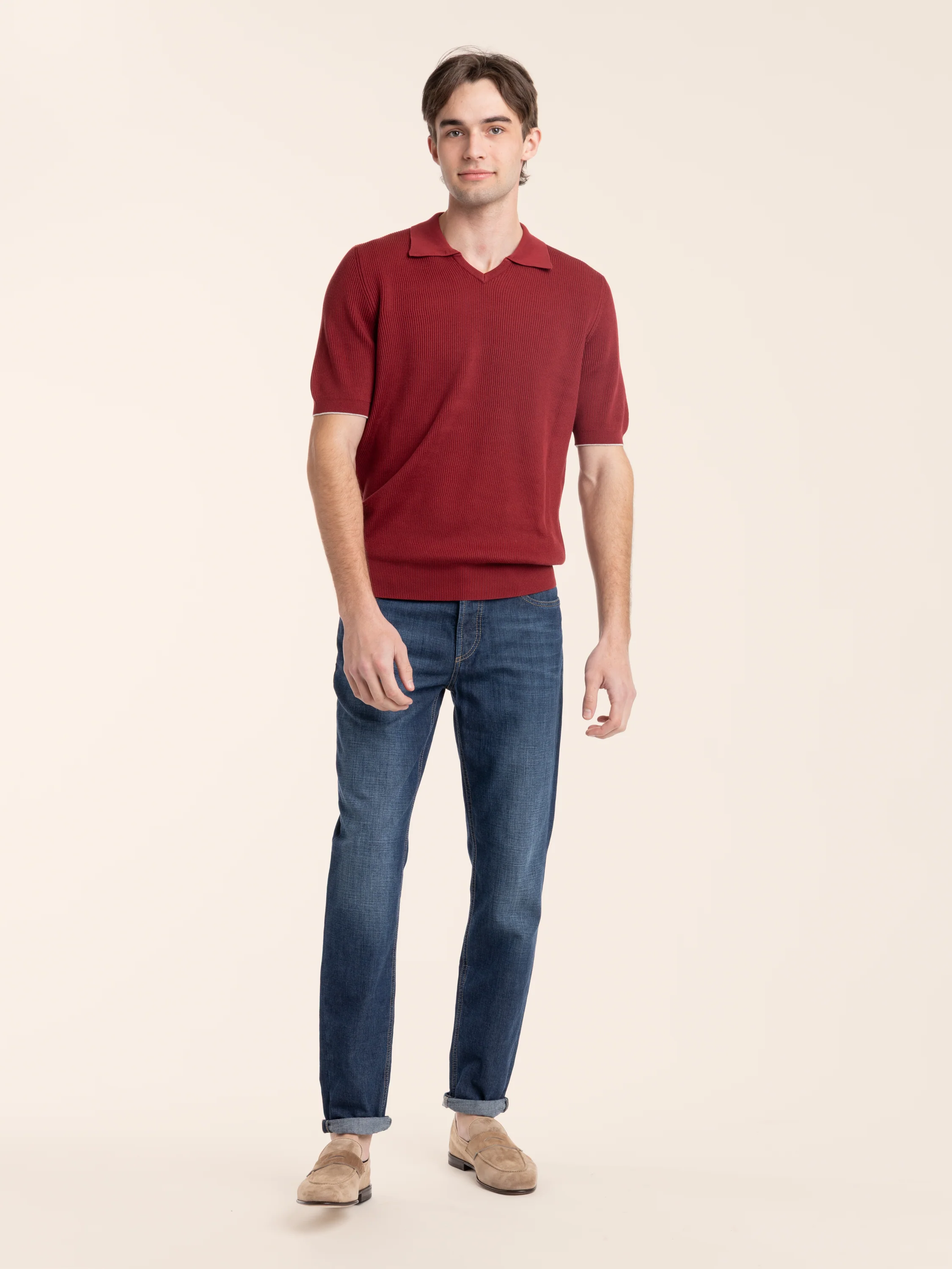 Cherry Red Cotton English Rib Knit Polo - Image 2