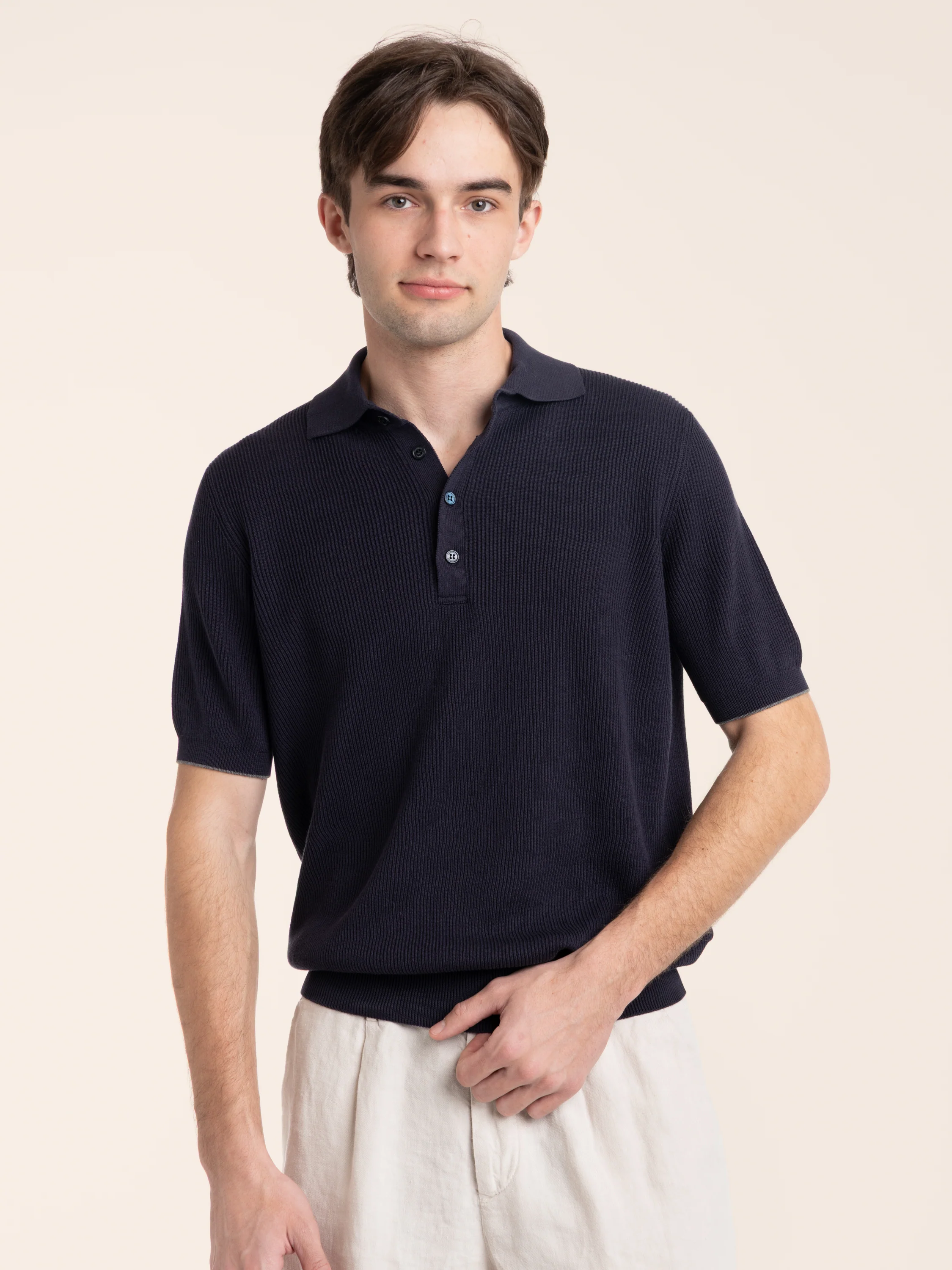 Dark Blue Cotton half English Rib Knit Polo Shirt