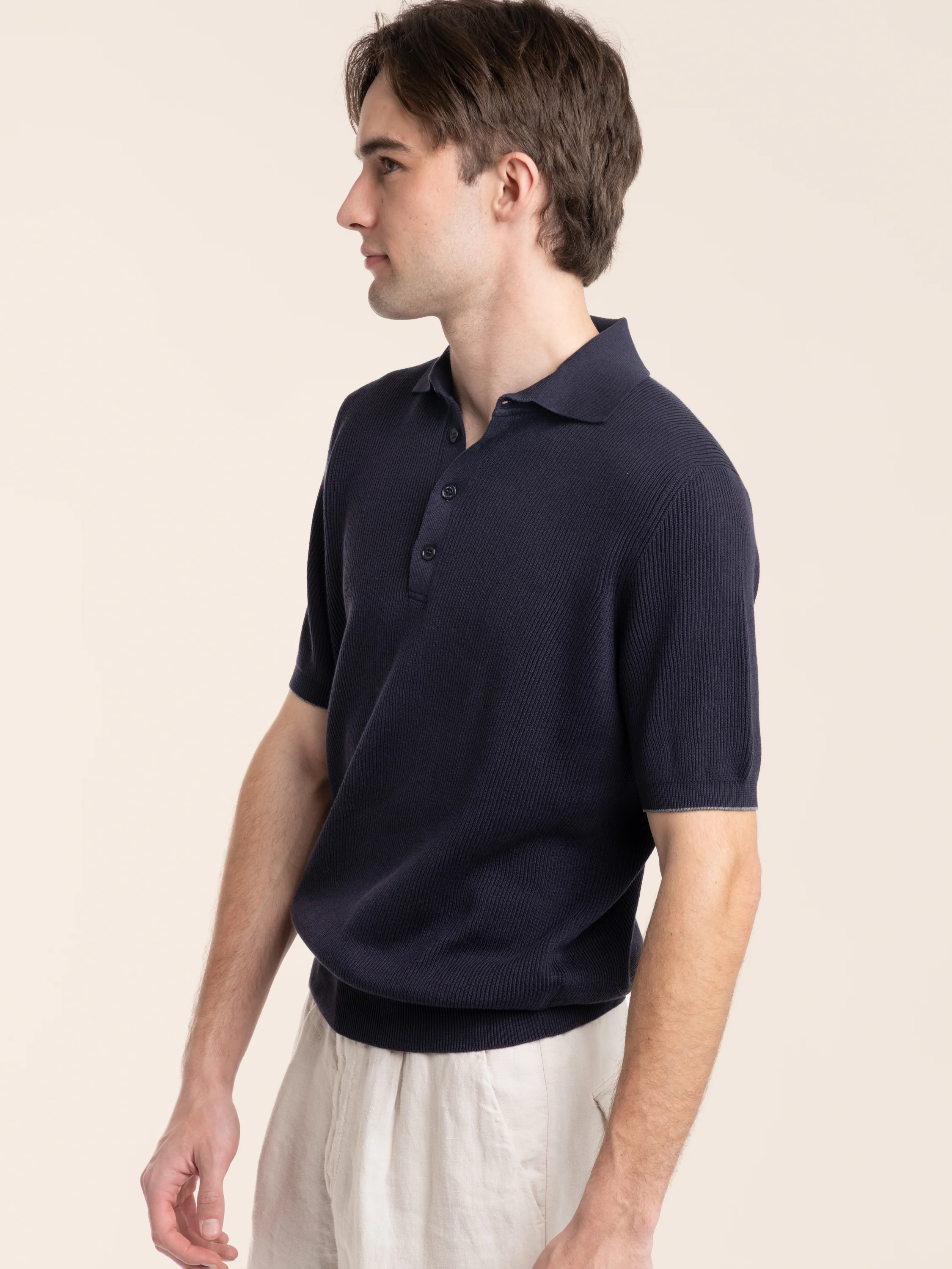 Dark Blue Cotton half English Rib Knit Polo Shirt - Image 3