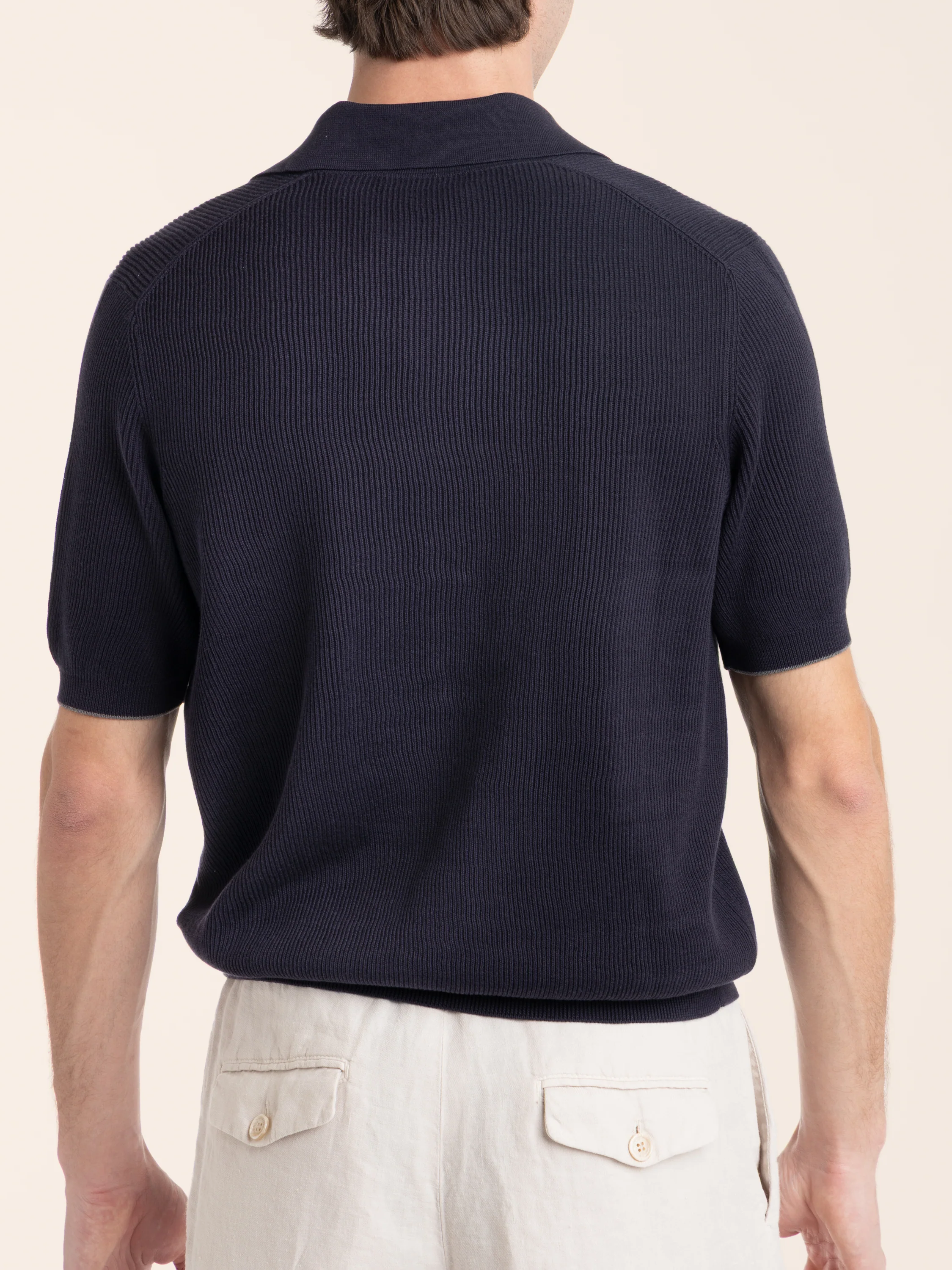 Dark Blue Cotton half English Rib Knit Polo Shirt - Image 4