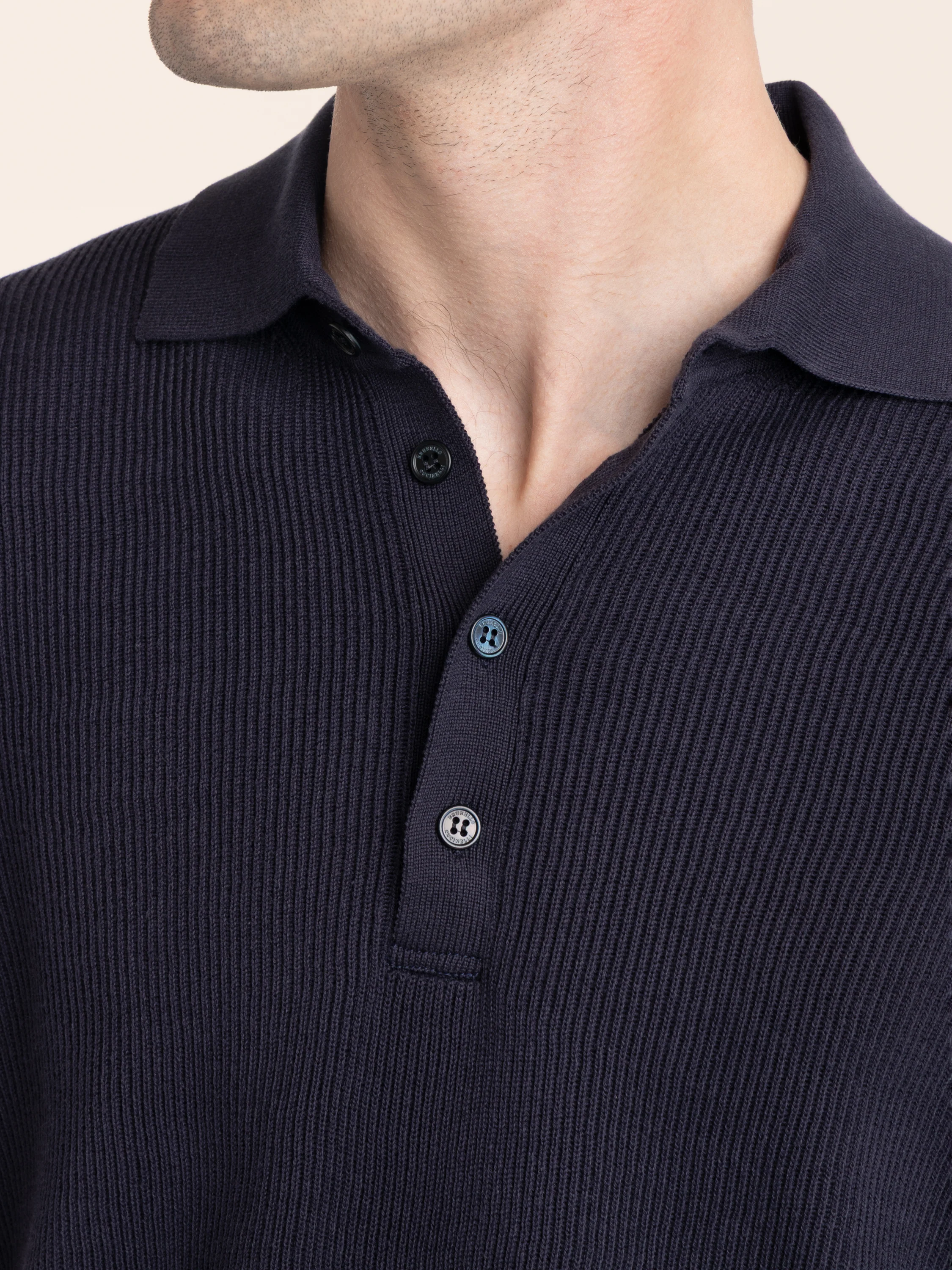 Dark Blue Cotton half English Rib Knit Polo Shirt - Image 7