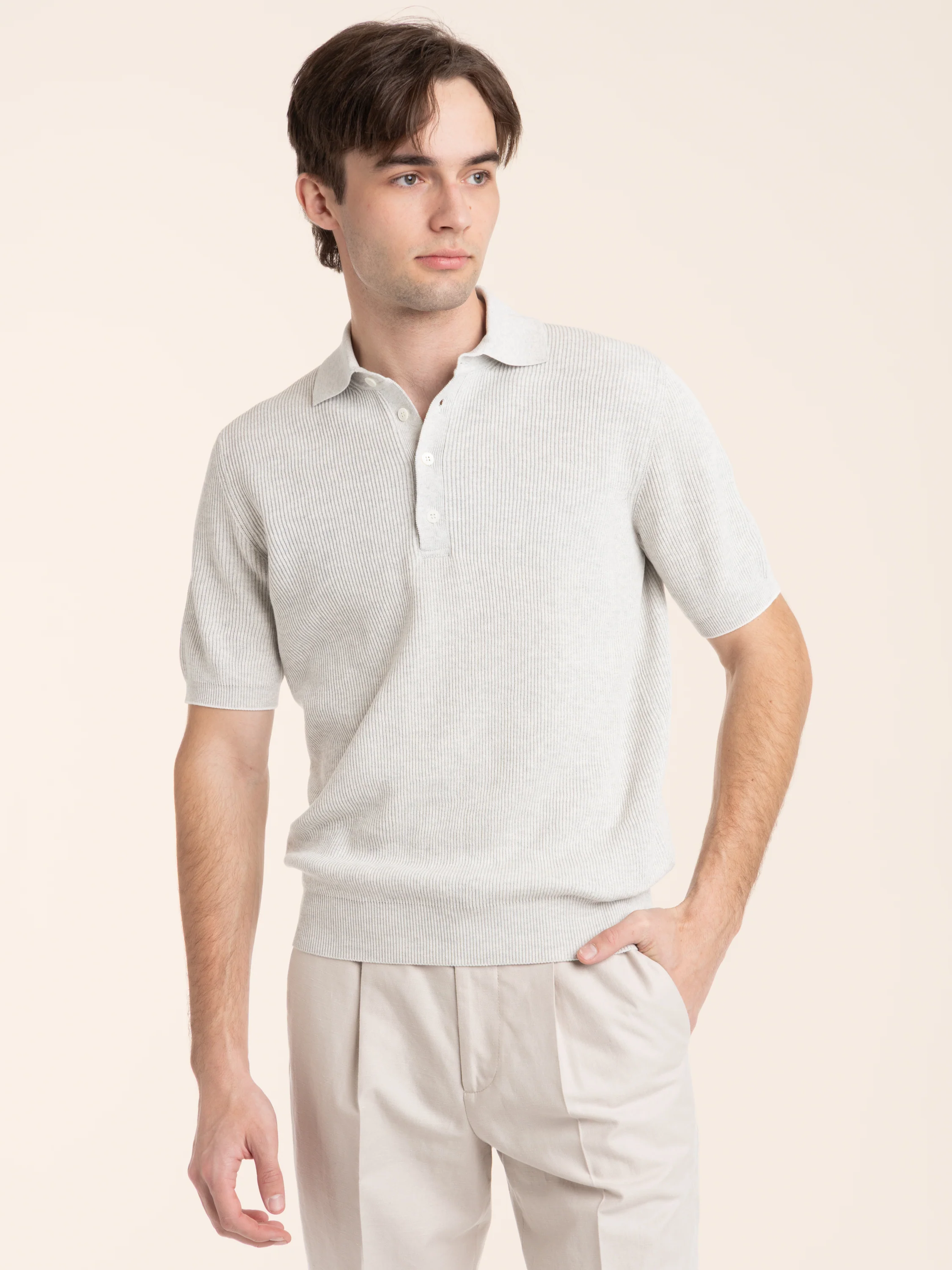 Cloud Grey Cotton half English Rib Knit Polo Shirt