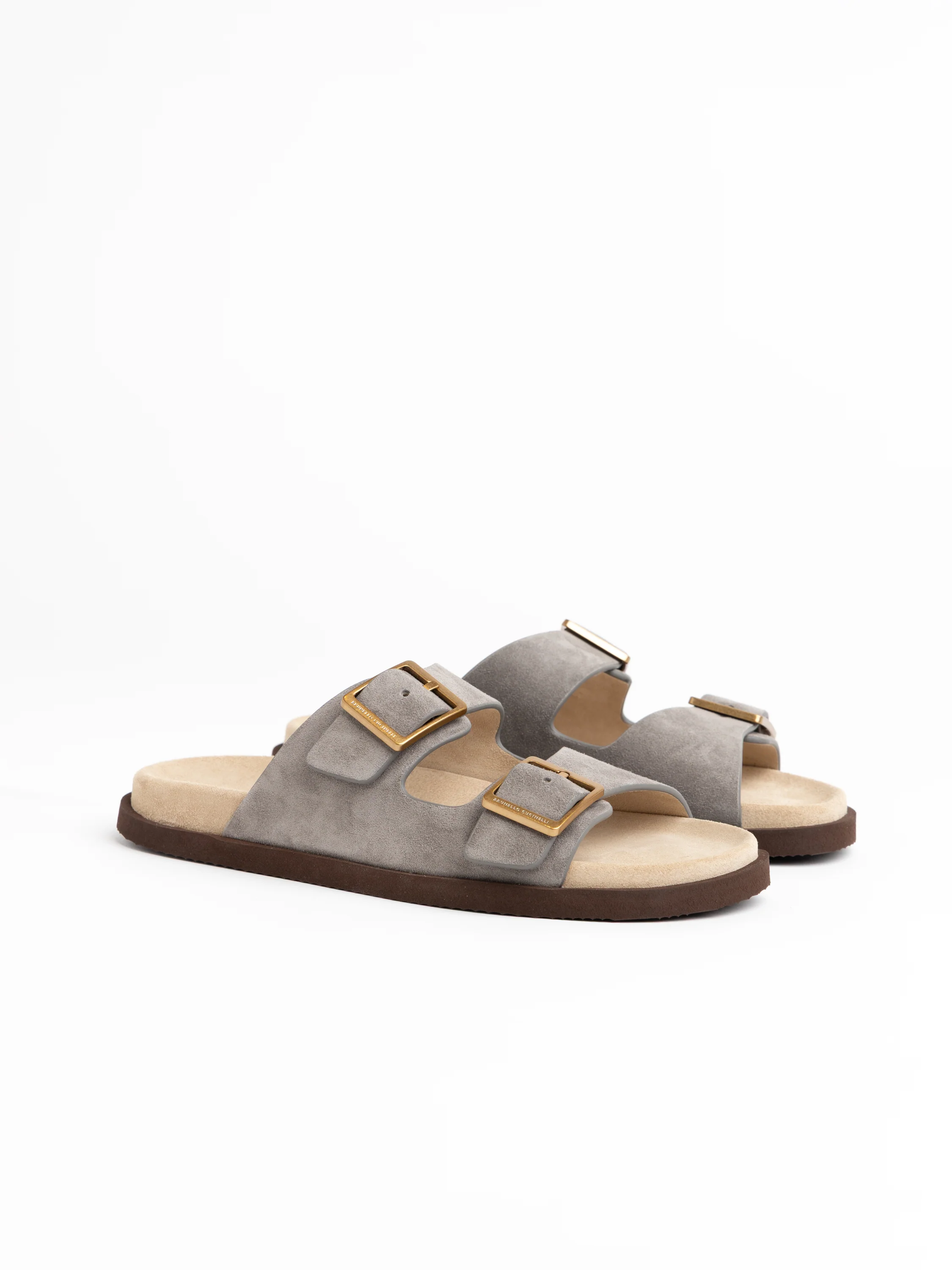 Taupe Smoke Suede Slides with Buckles