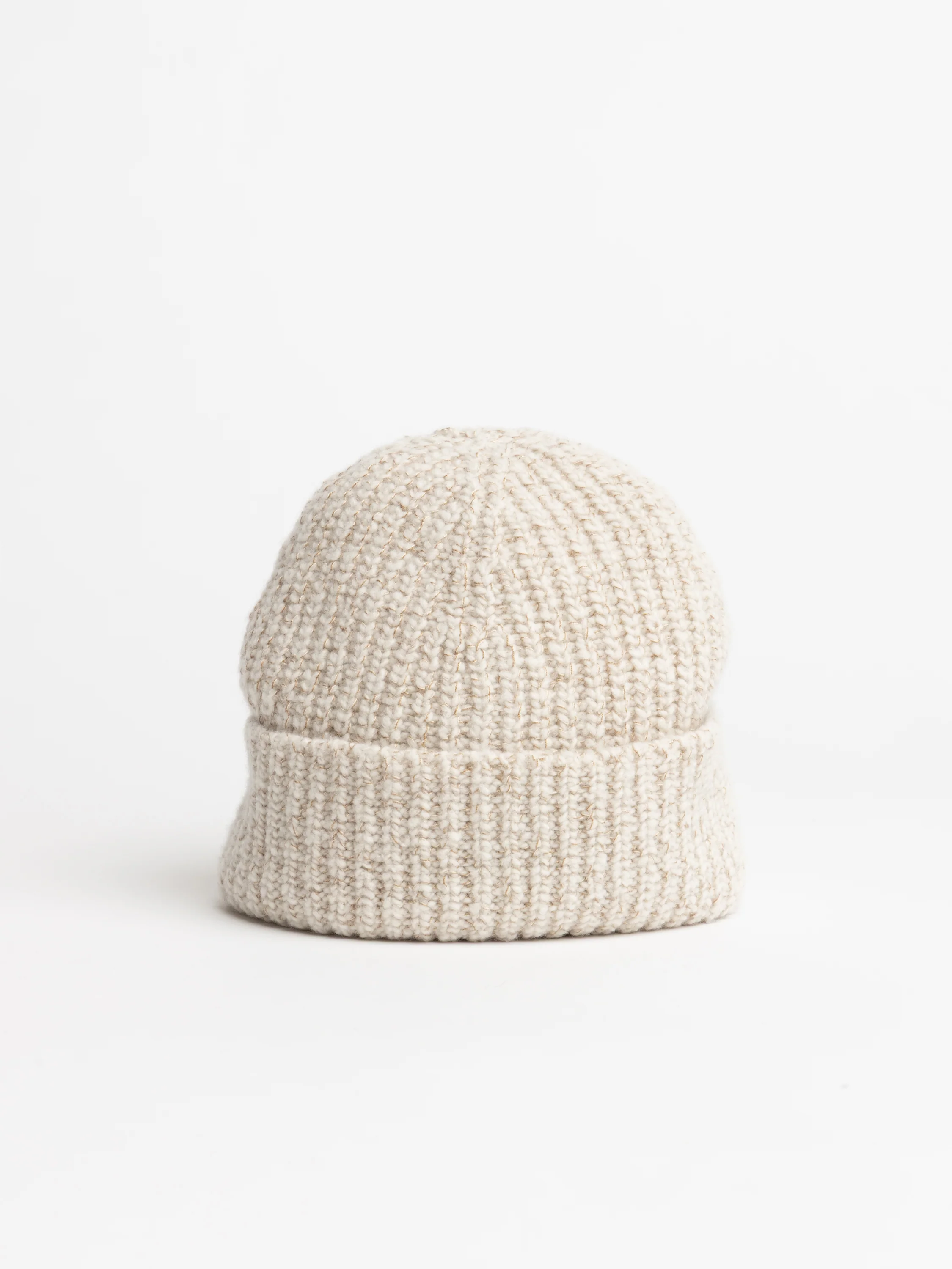 Ecru Wool, Silk and Cashmere English Rib Knit Chiné Beanie