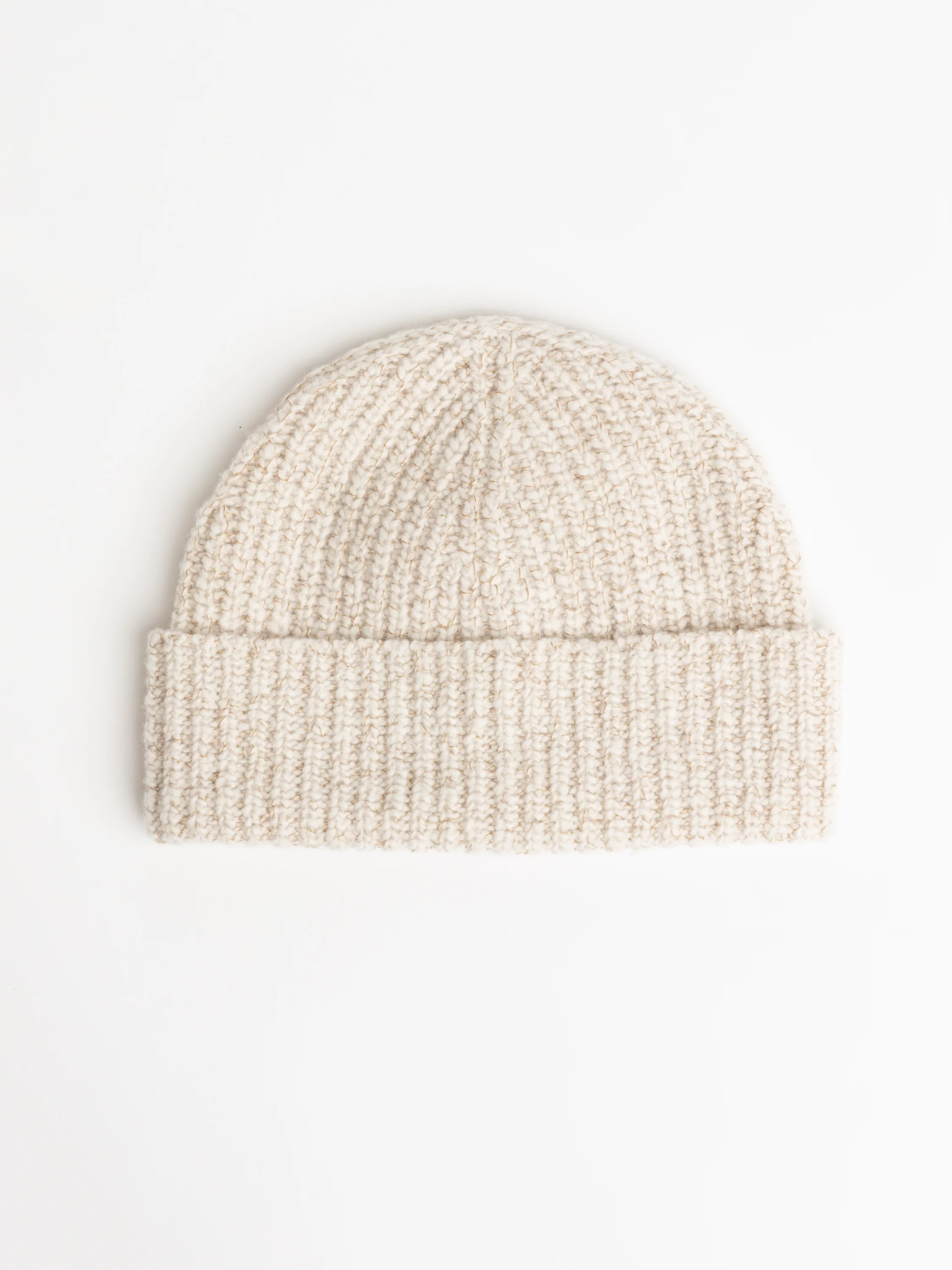 Ecru Wool, Silk and Cashmere English Rib Knit Chiné Beanie - Image 2