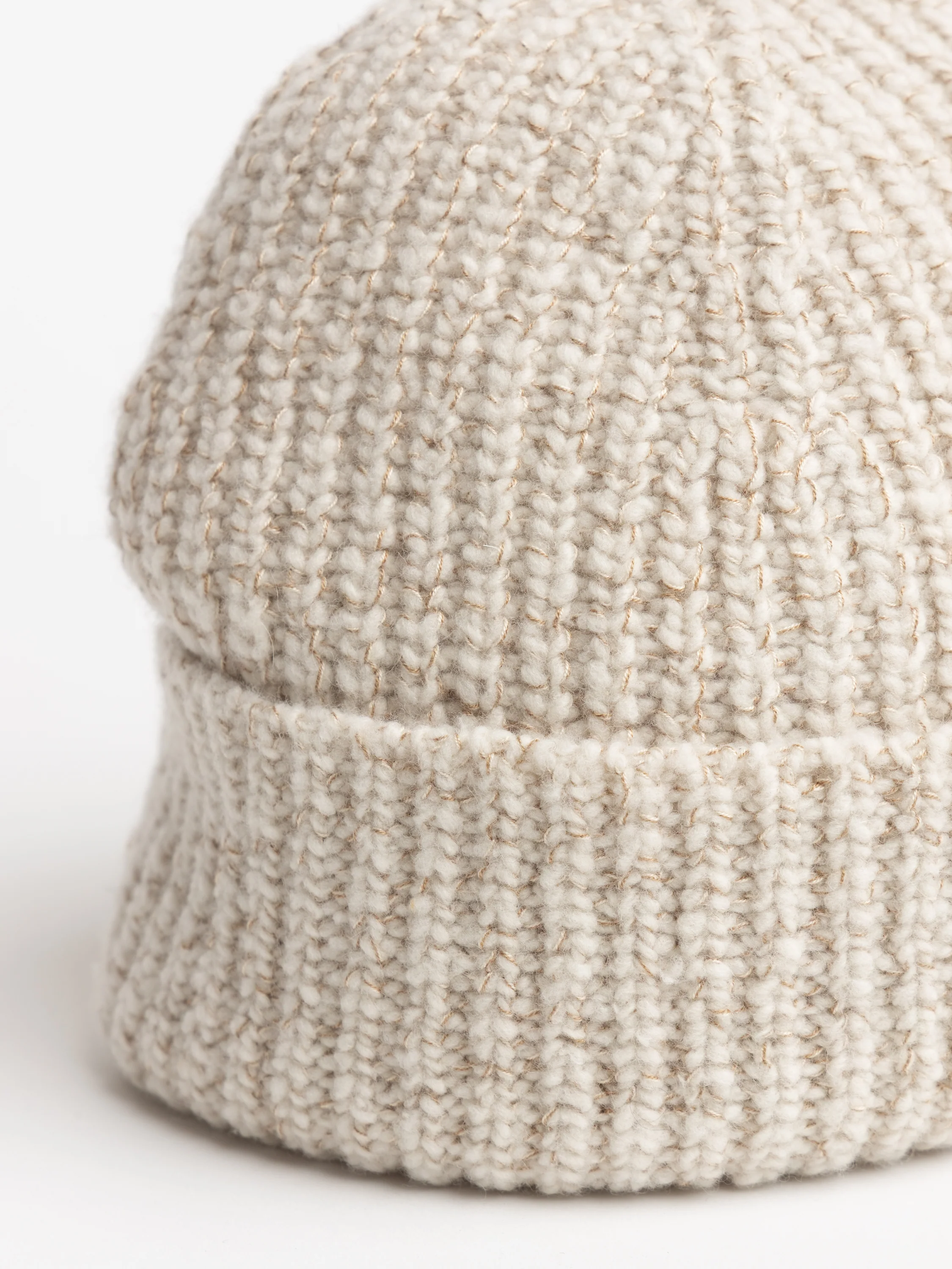 Ecru Wool, Silk and Cashmere English Rib Knit Chiné Beanie - Image 4