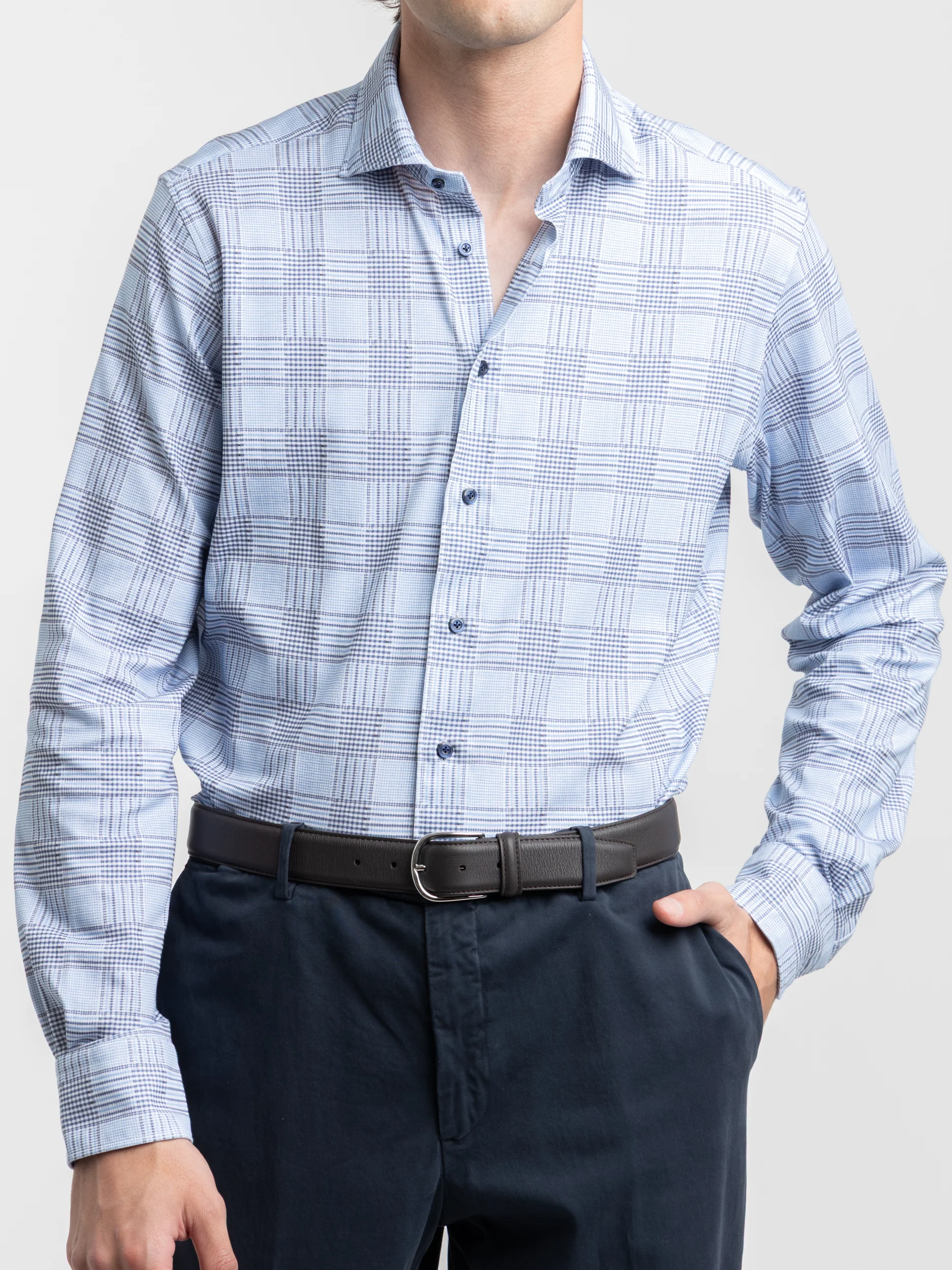 Blue Micro Houndstooth Check Pattern Dress Shirt