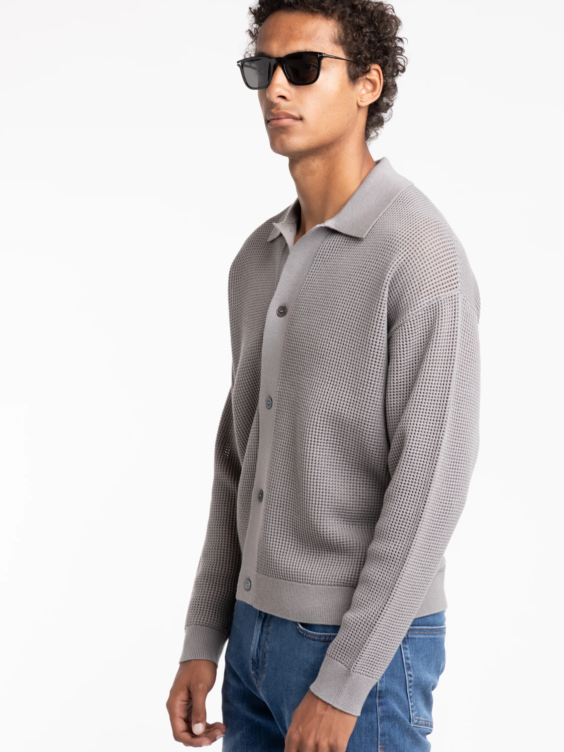 Grey Wool Blended Open Knit Cardigan - Image 3