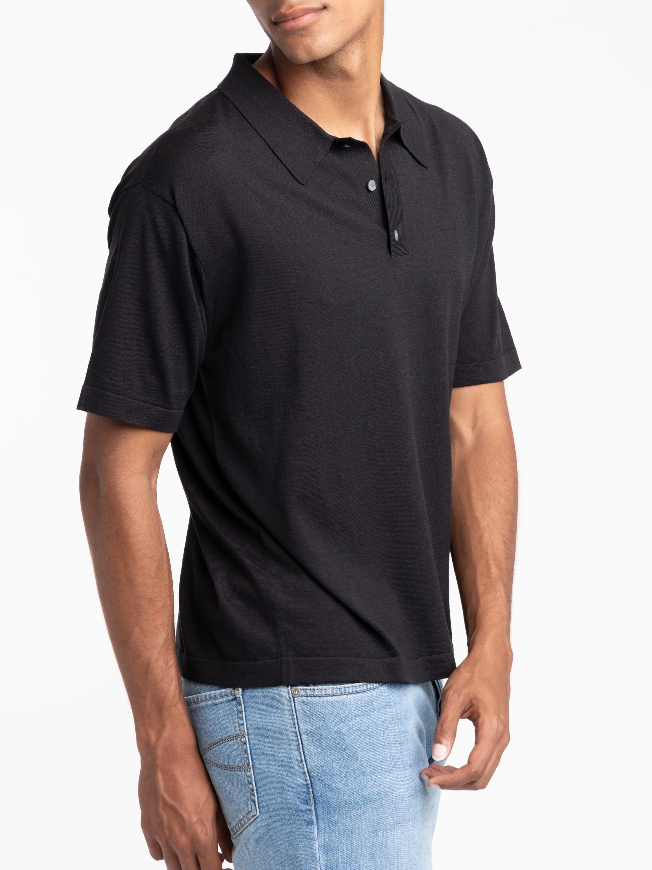 Black Cotton-Silk Polo Shirt - Image 2