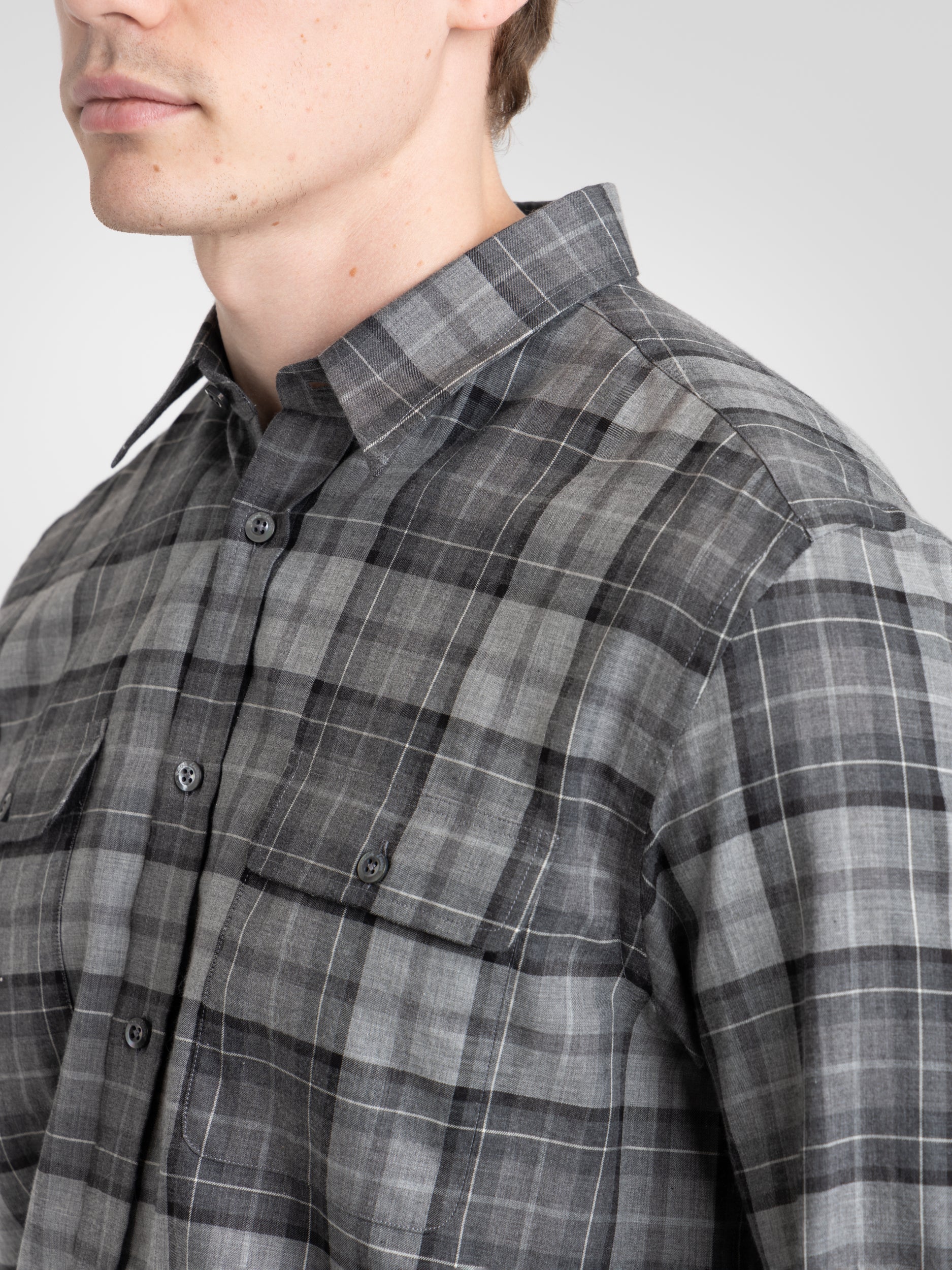 Grey Melange Plaid Twill Shirt - Image 4