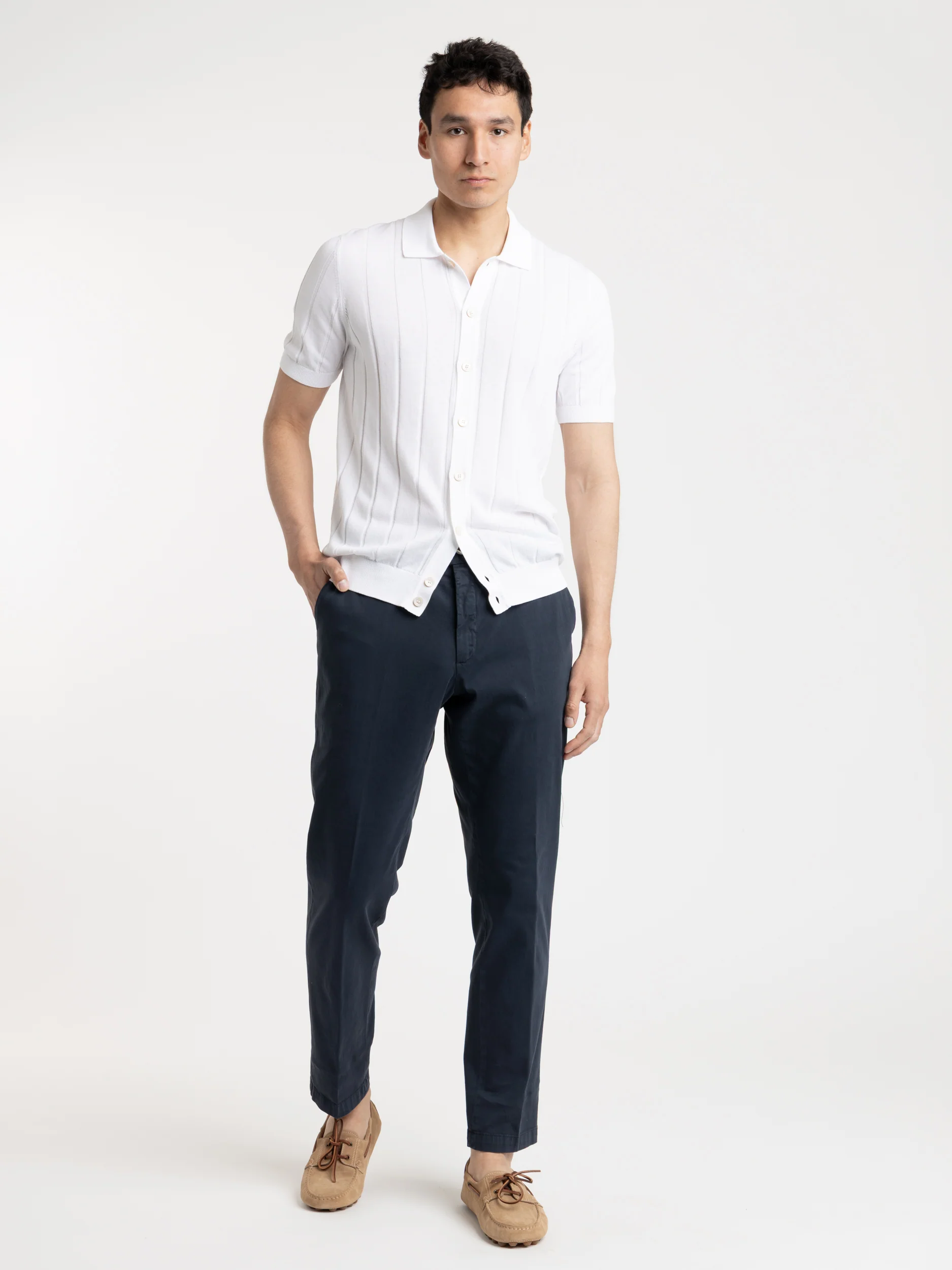White Ribbed Full Button Polo Shirt - Image 2