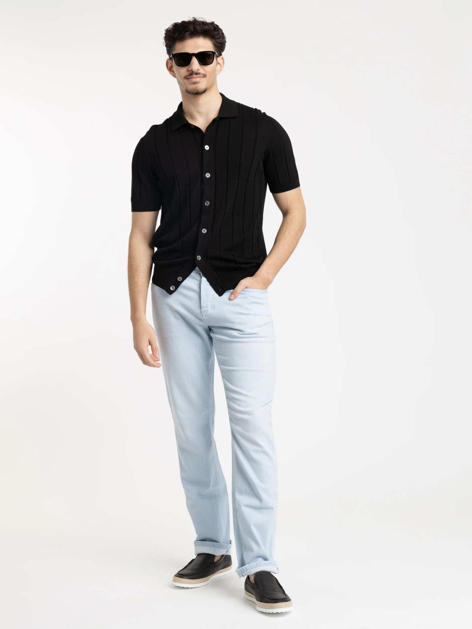 Black Ribbed Full Botton Polo Shirt - Image 2