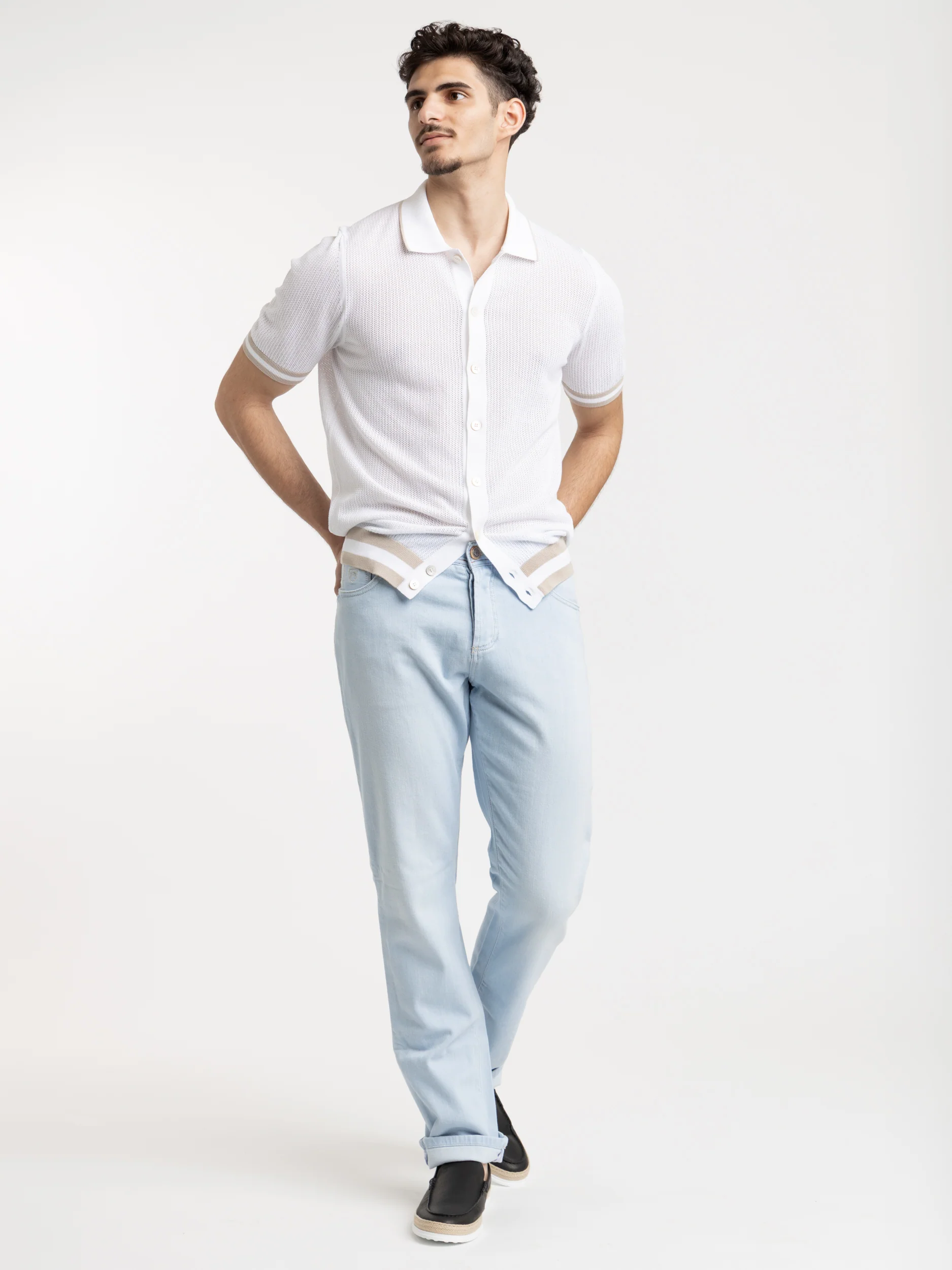 White and Brown Openwork Knit Shirt - Image 2