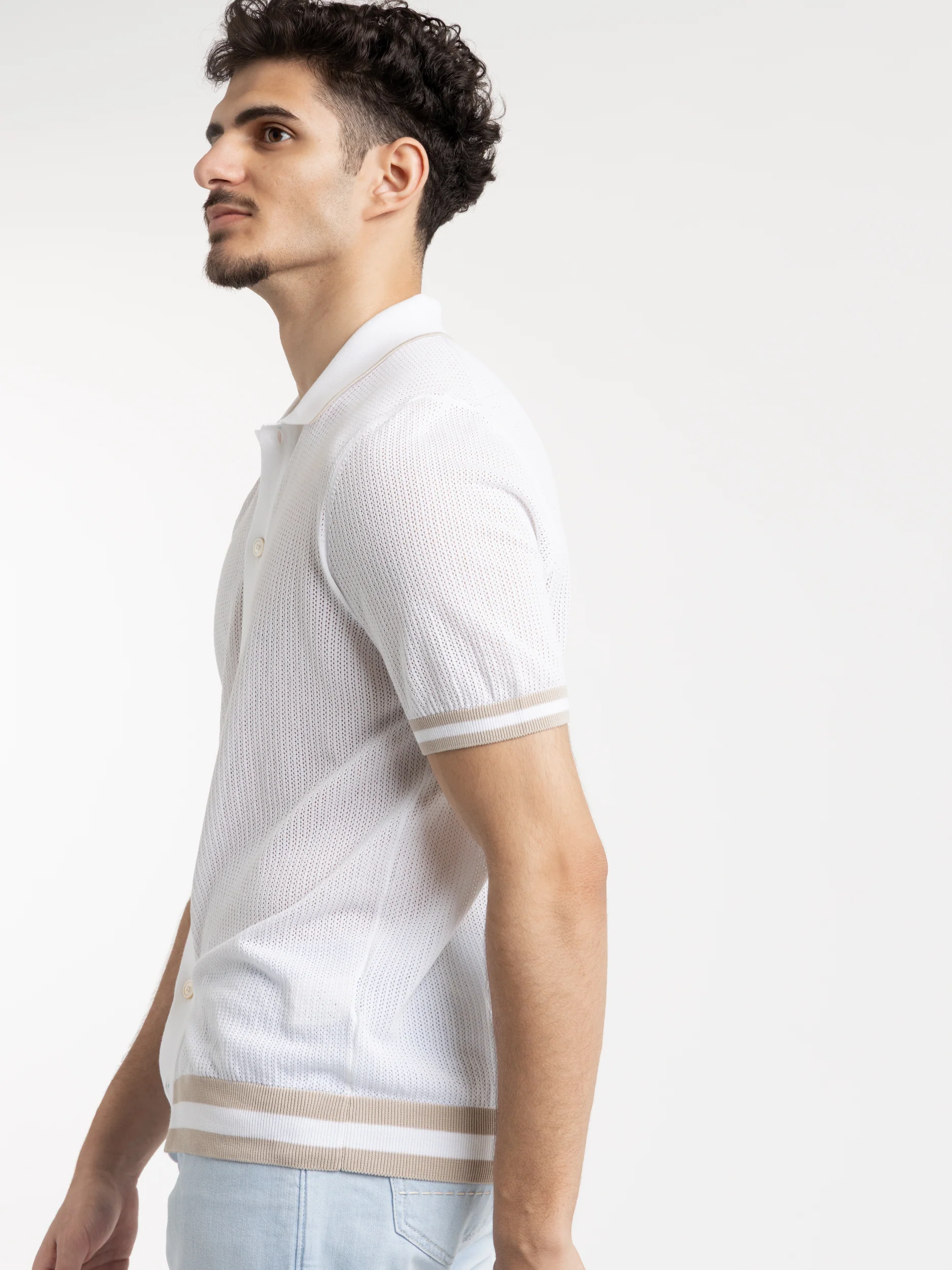 White and Brown Openwork Knit Shirt - Image 3