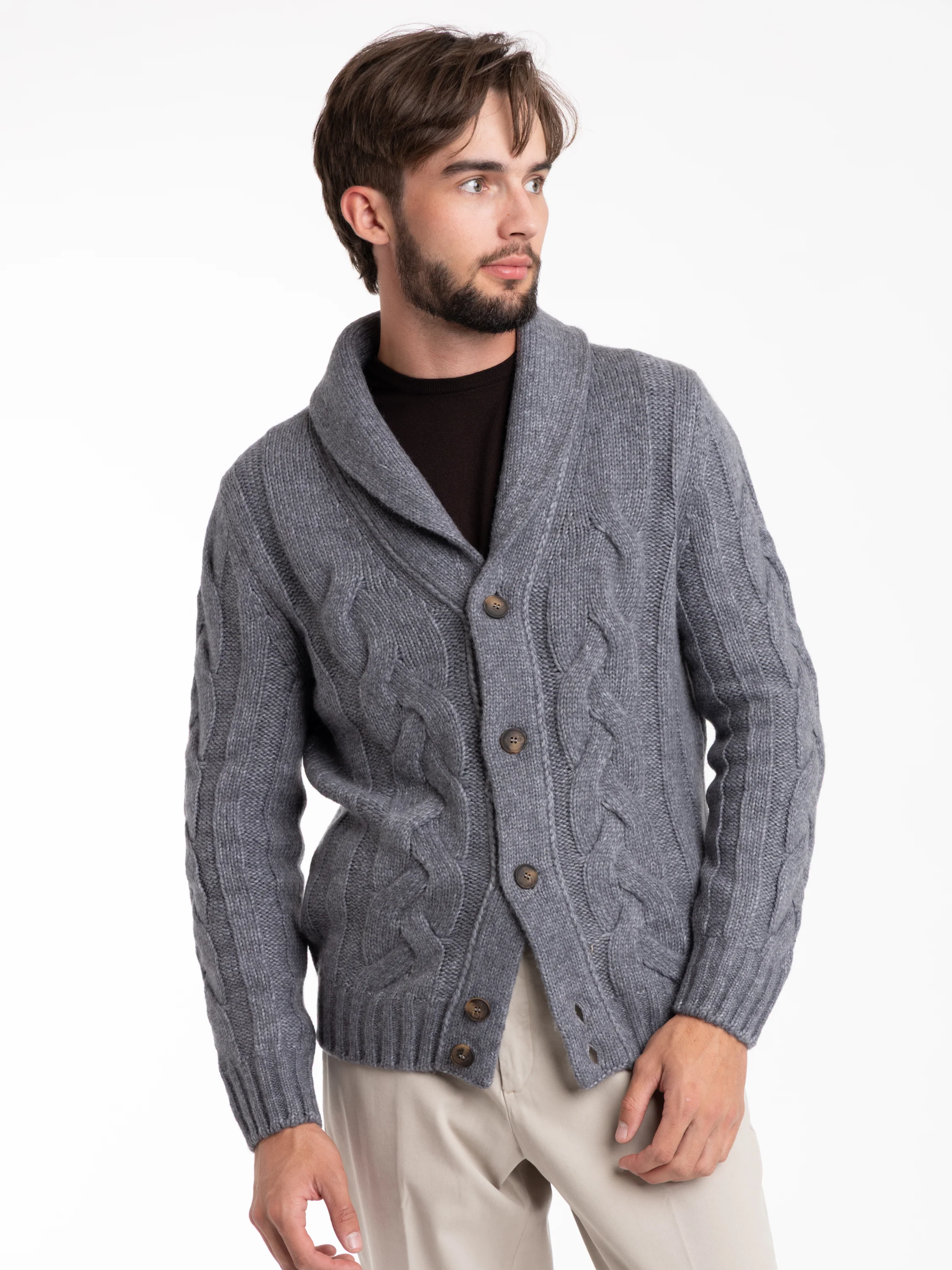 Dark Grey Cashmere Buttoned Cardigan Sweater
