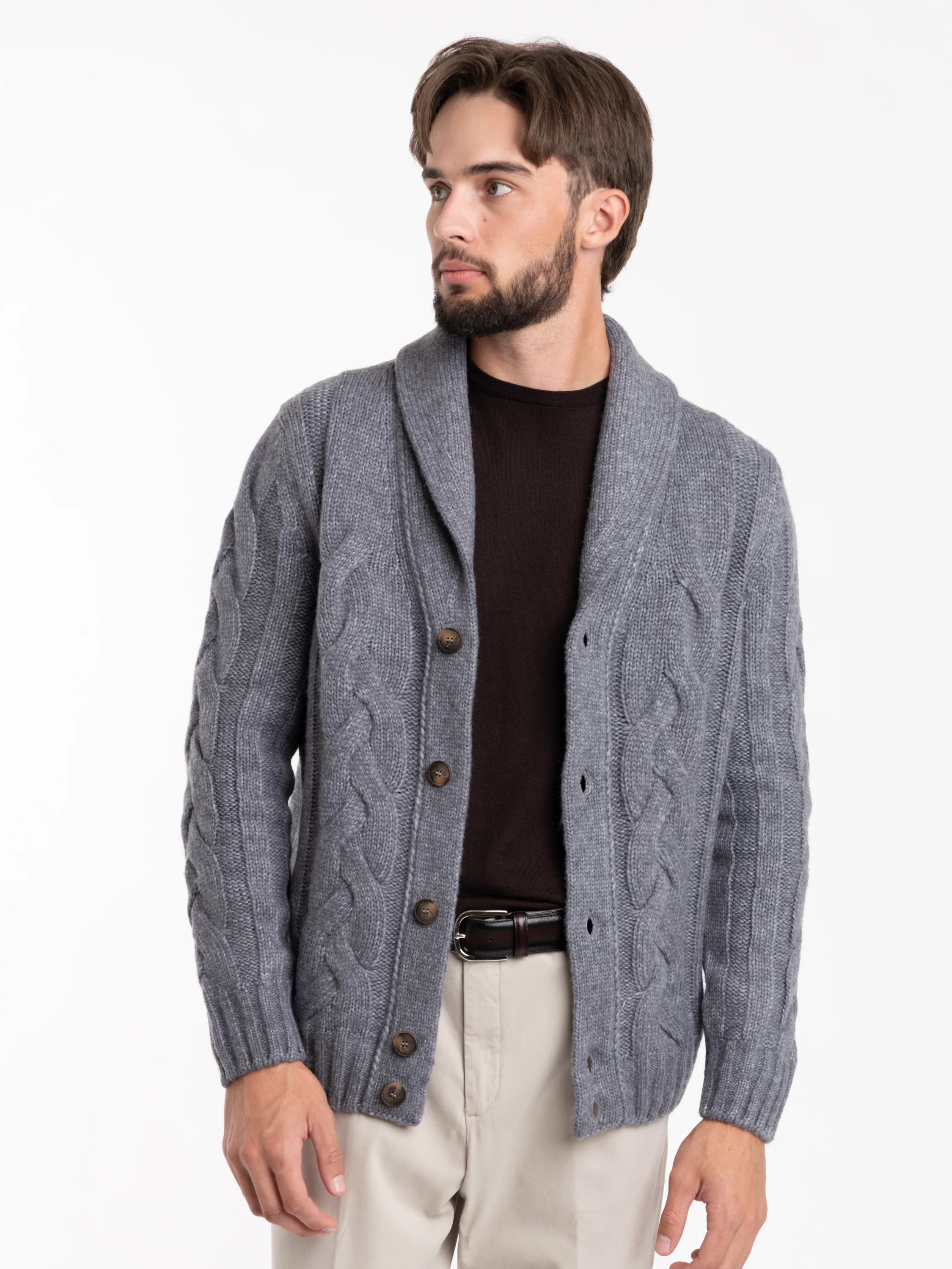 Dark Grey Cashmere Buttoned Cardigan Sweater - Image 3