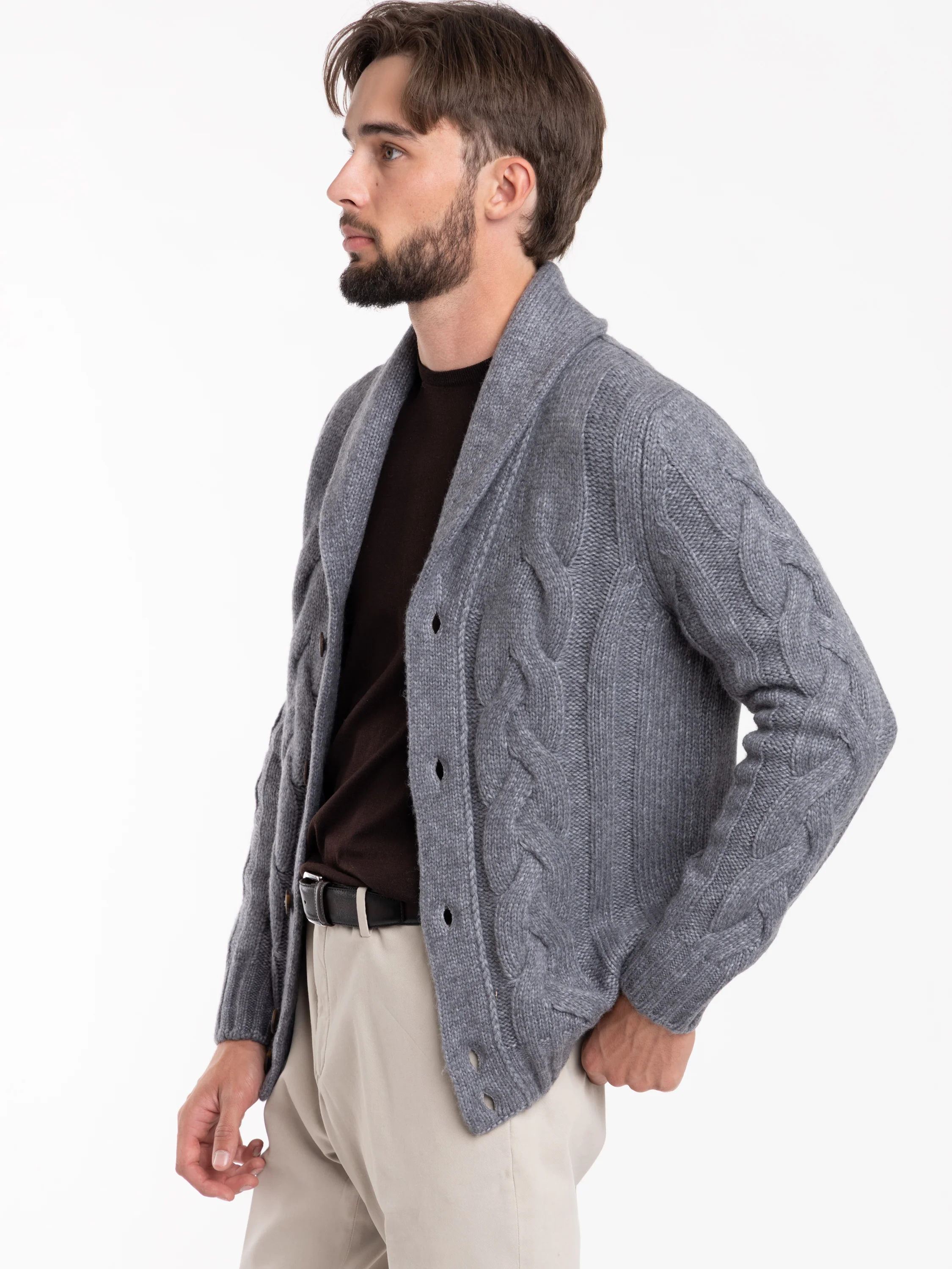 Dark Grey Cashmere Buttoned Cardigan Sweater - Image 4