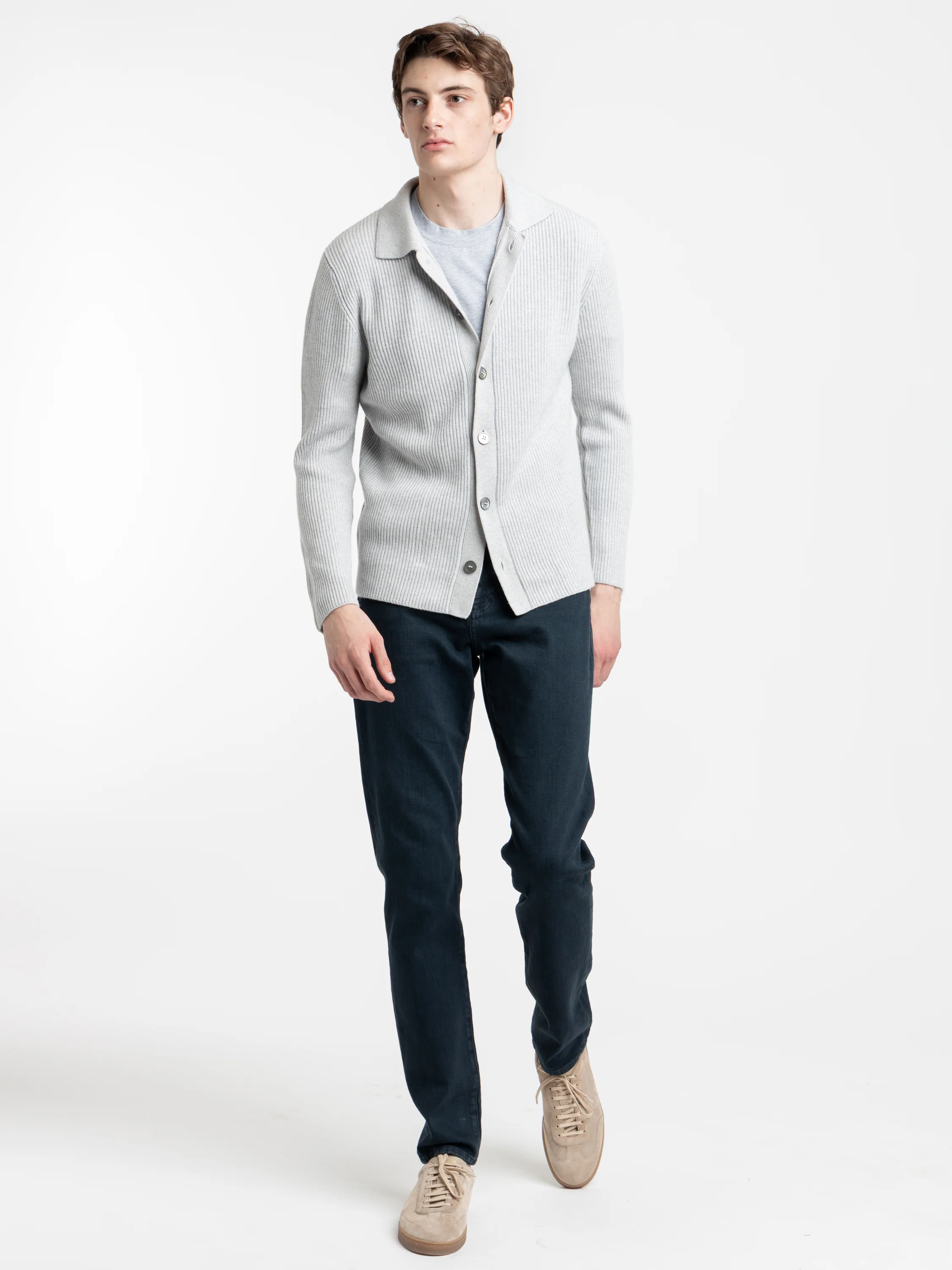 Grey Long Sleeved Full Button Polo Sweater - Image 2