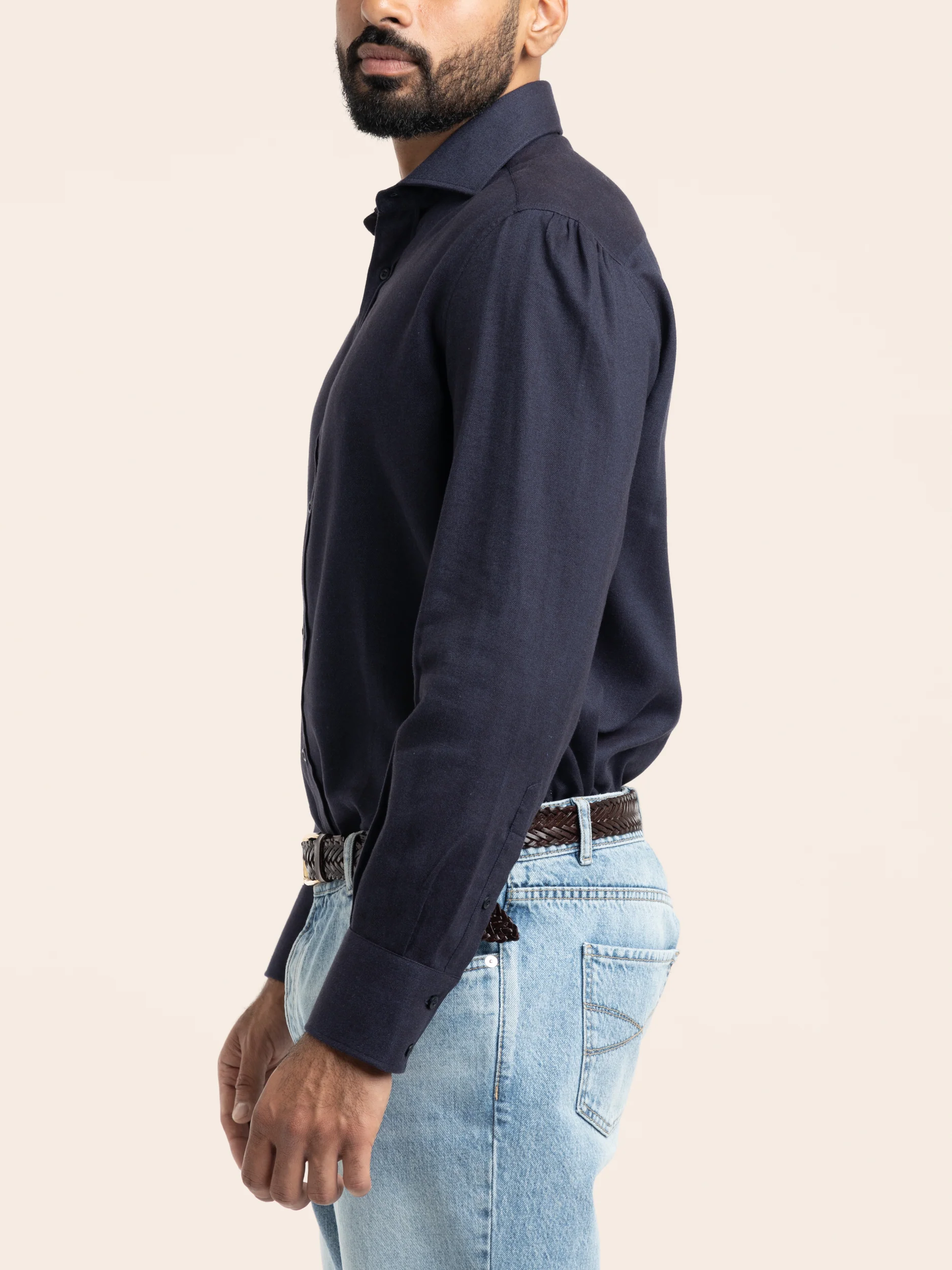 Navy Cotton-Blend Dress Shirt - Image 3
