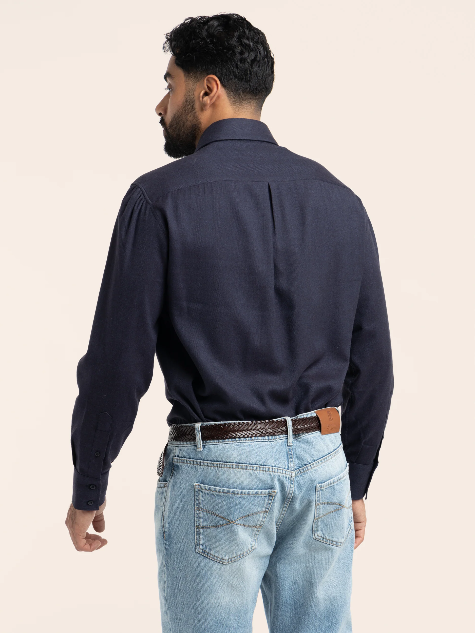 Navy Cotton-Blend Dress Shirt - Image 4