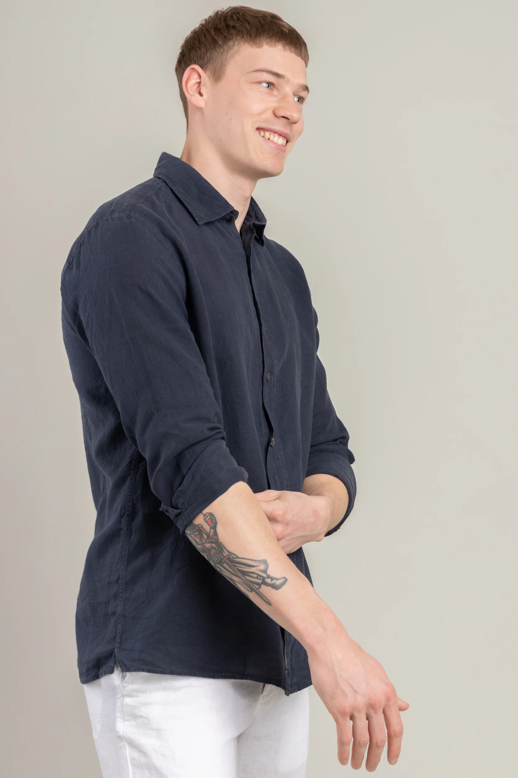 Navy Linen Shark Collar Shirt