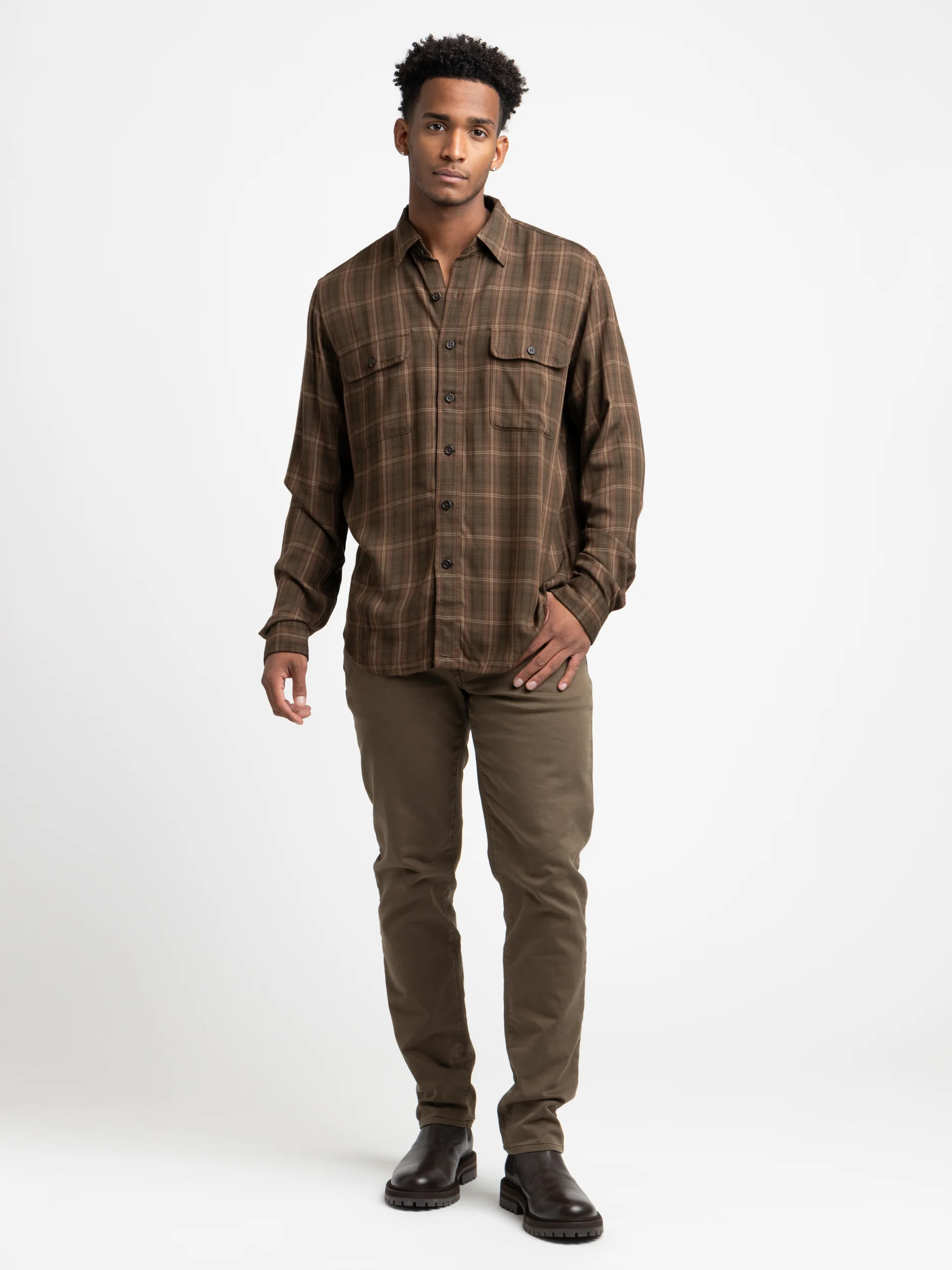 Olive Brown Classic Fit Plaid Twill Workshirt - Image 2