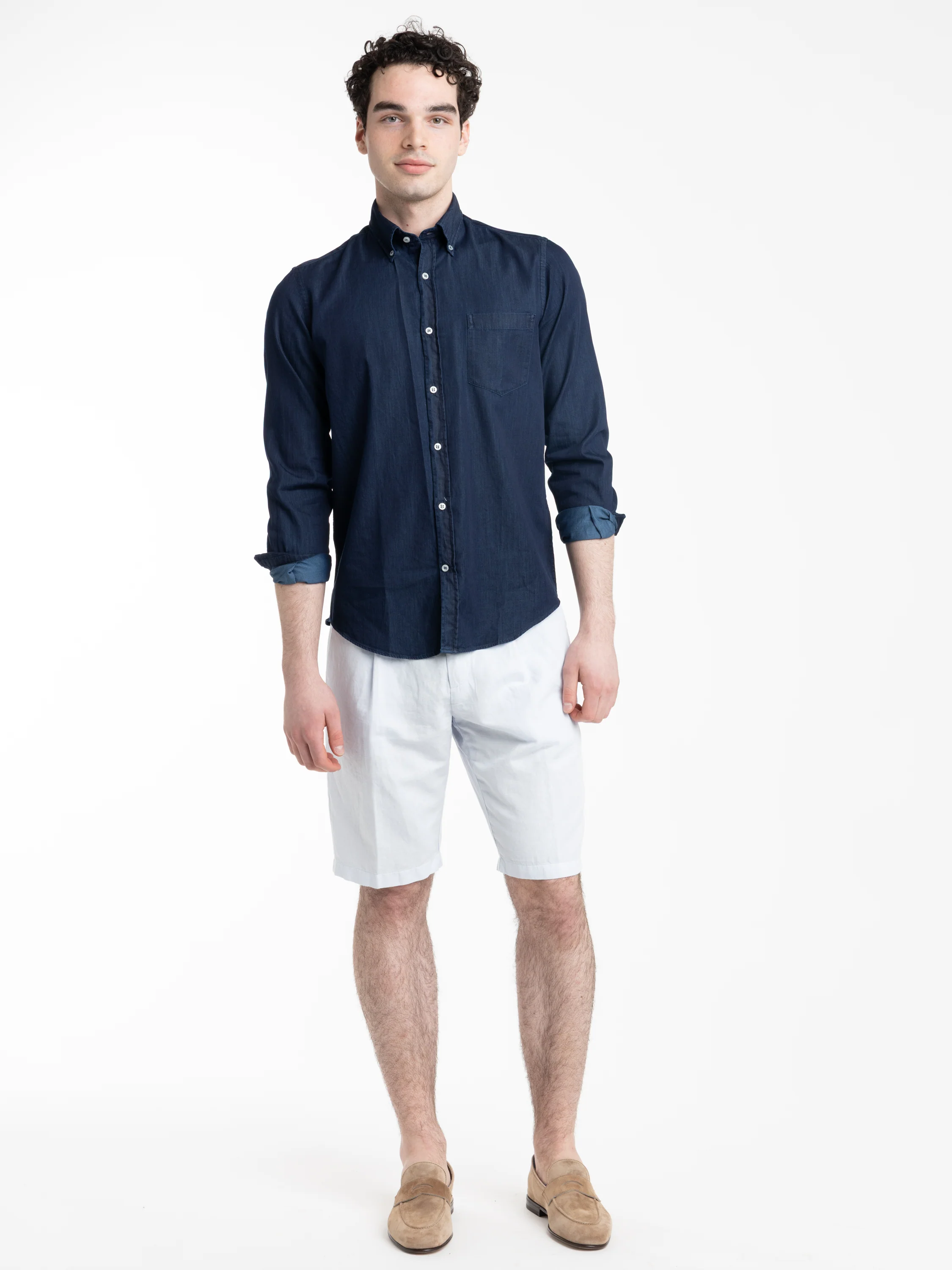 Light Blue Linen and Cotton Bermuda Shorts - Image 2