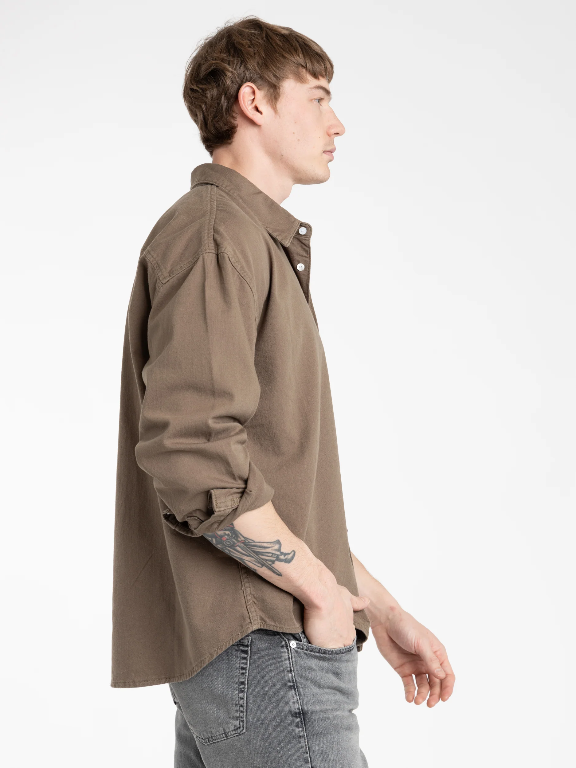 Relaxed Denim Shirt in Taupe - Image 3
