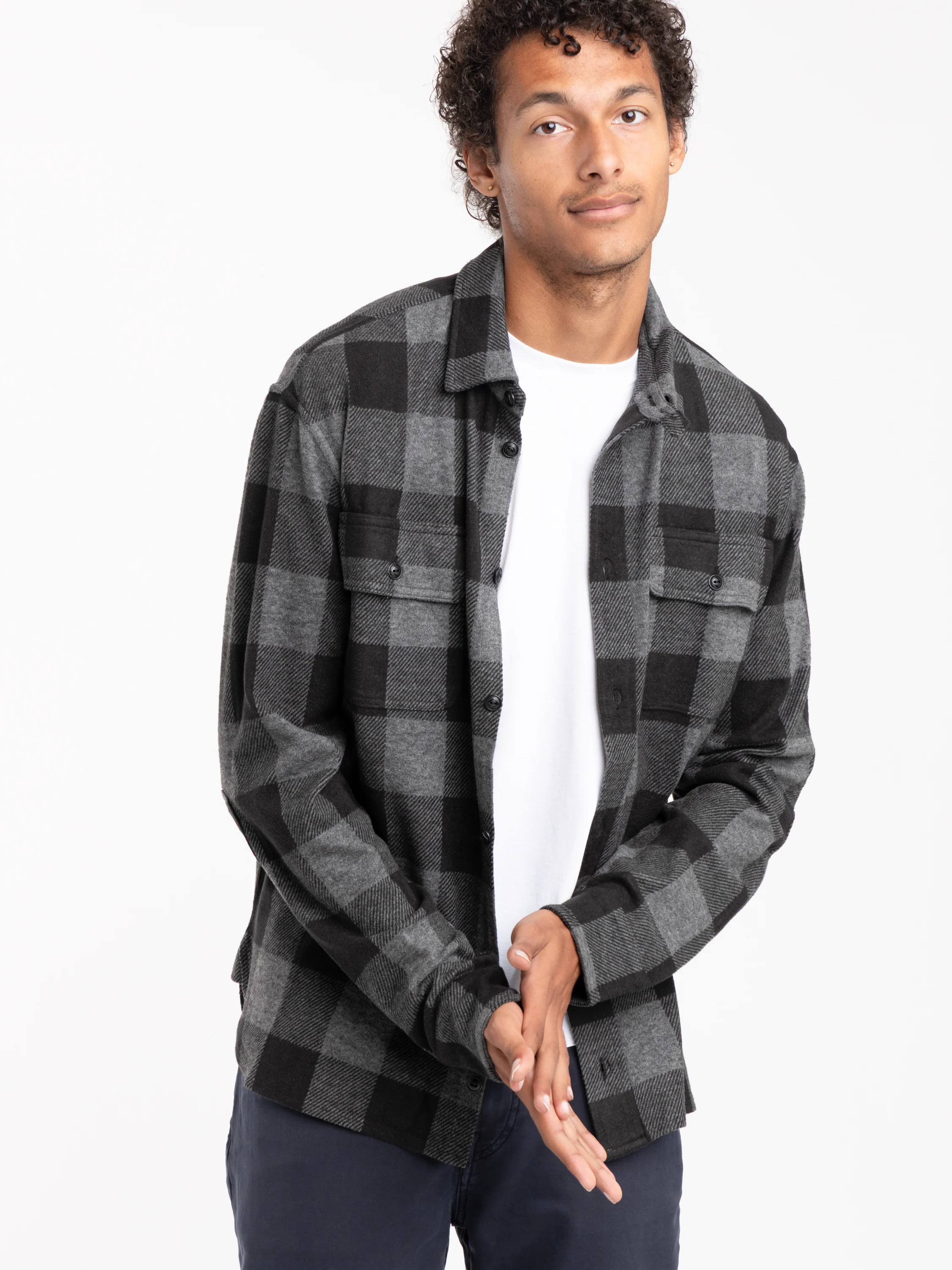 Black/Grey Plaid Knit Flannel Overshirt