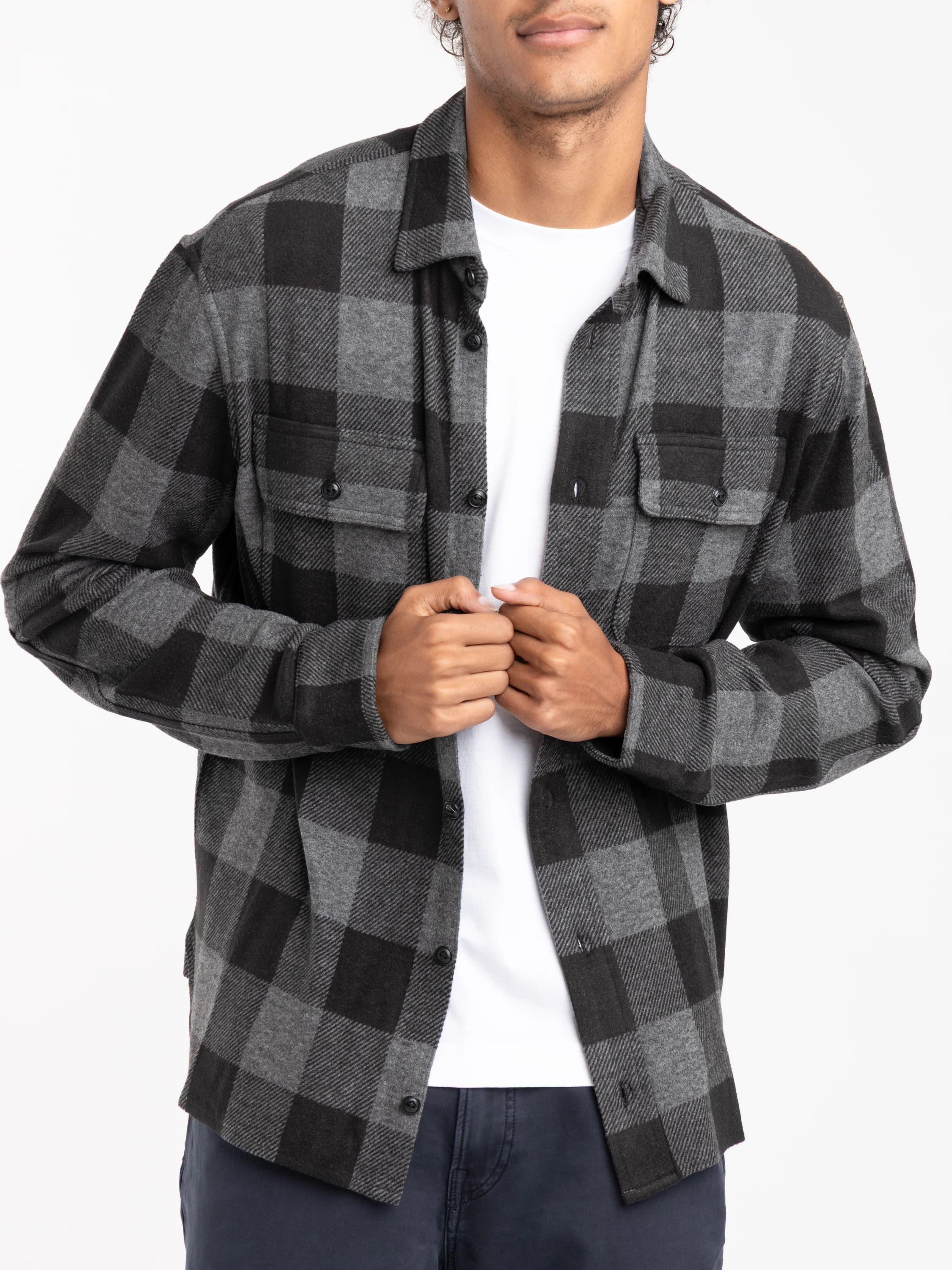 Black/Grey Plaid Knit Flannel Overshirt - Image 3