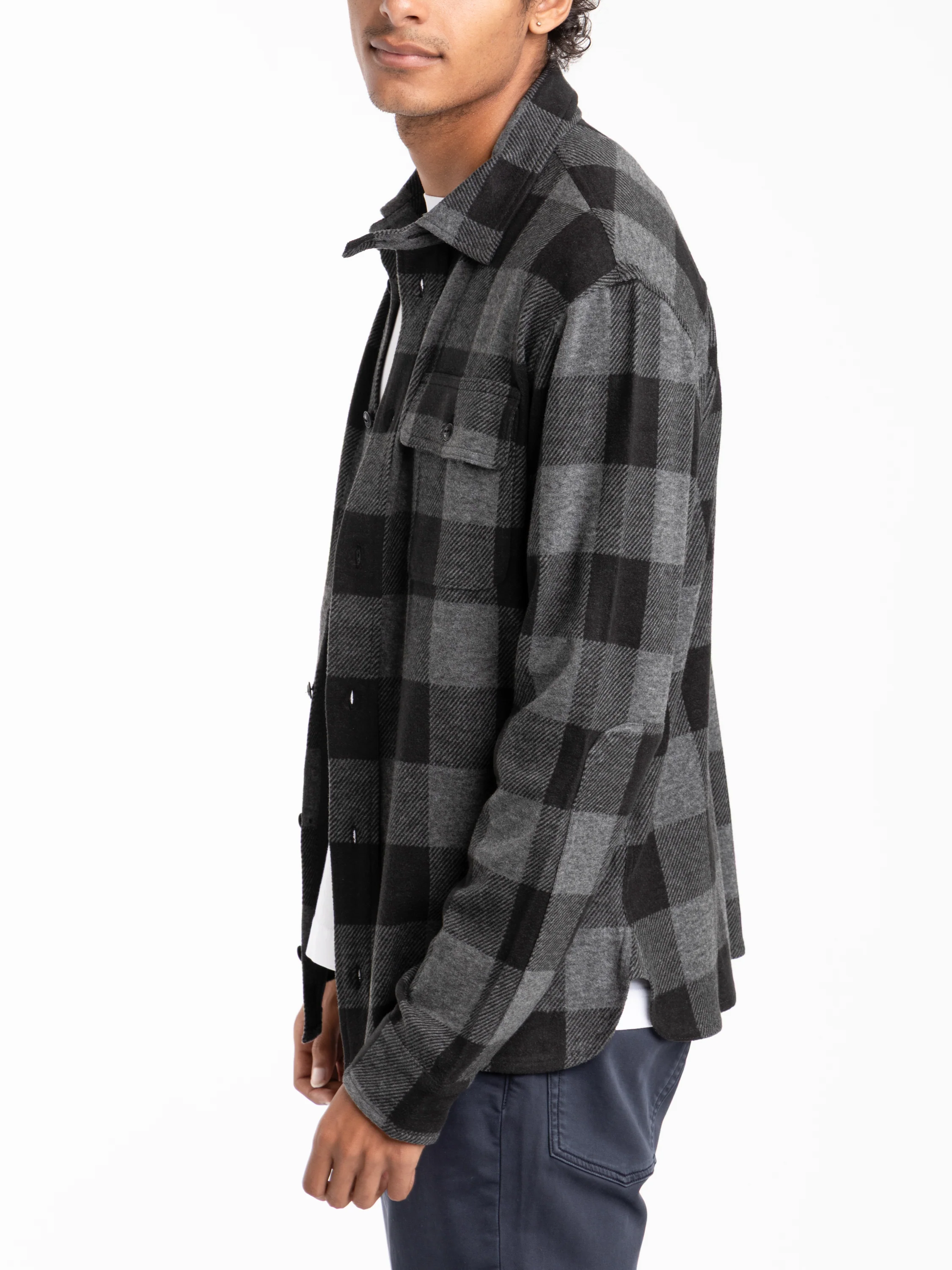 Black/Grey Plaid Knit Flannel Overshirt - Image 4
