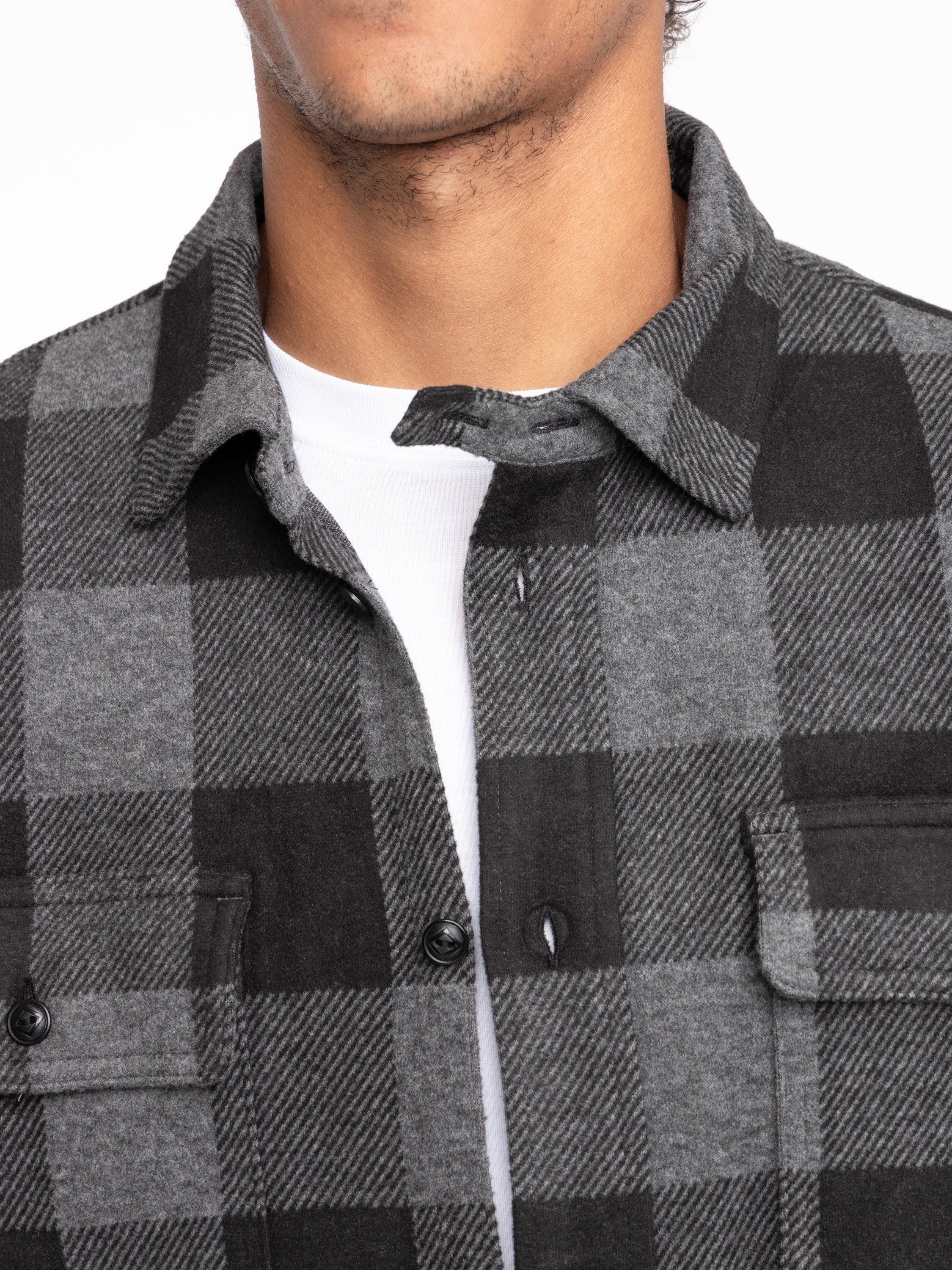 Black/Grey Plaid Knit Flannel Overshirt - Image 7