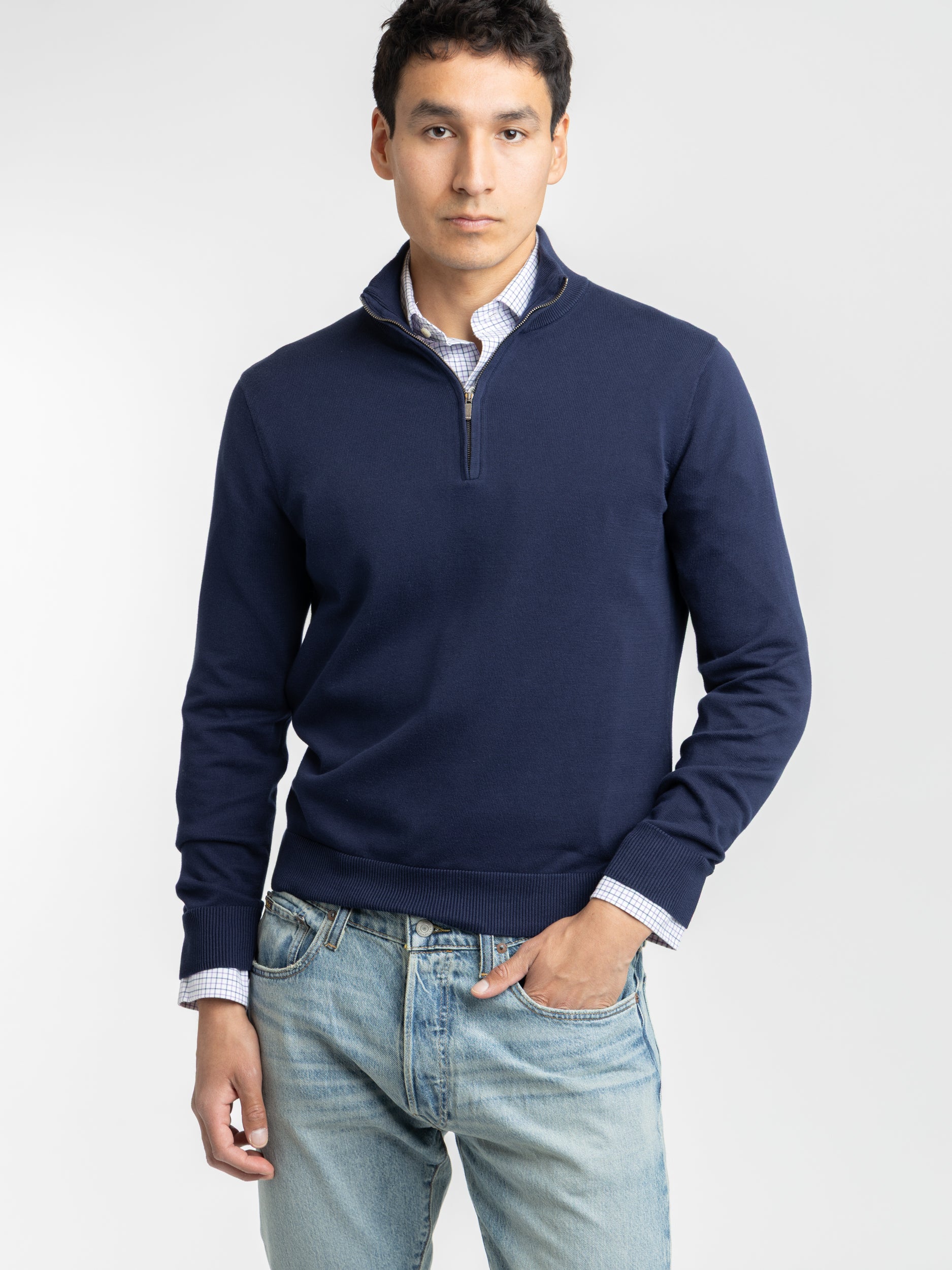 Navy Cotton Quarter-Zip Sweater