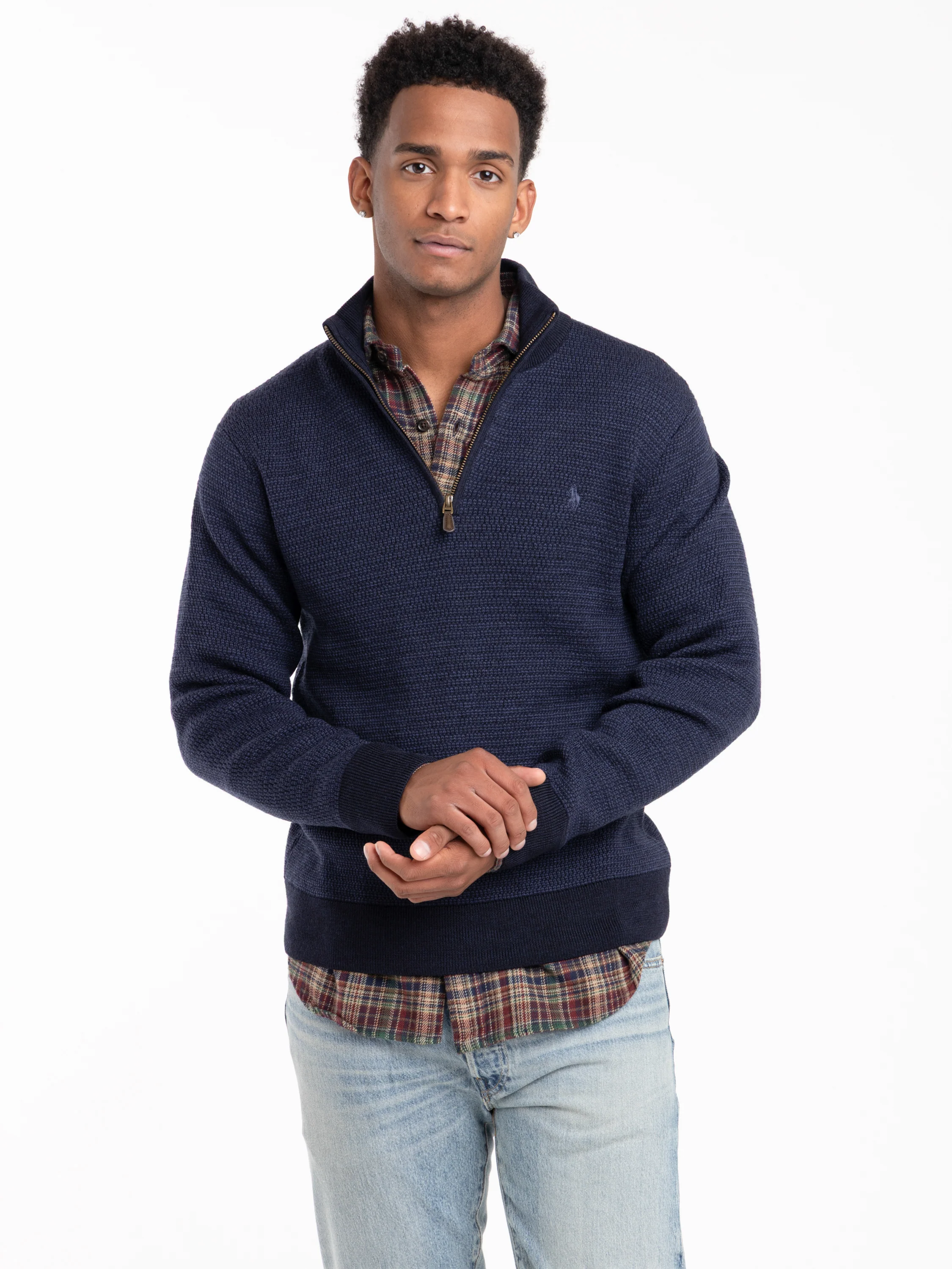 Navy Wool Waffle Knit Quarter-Zip Sweater - Image 7